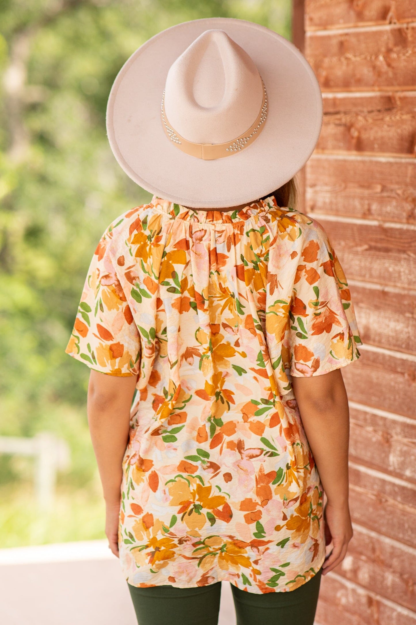 Orange Multicolor Floral Print Notch Neck Top