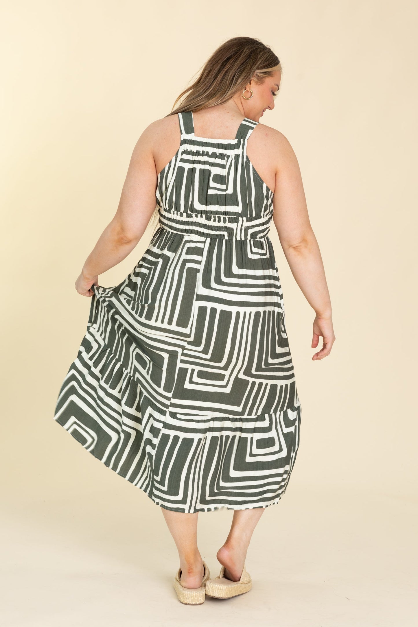 Olive Printed Summer Midi Boho Dress