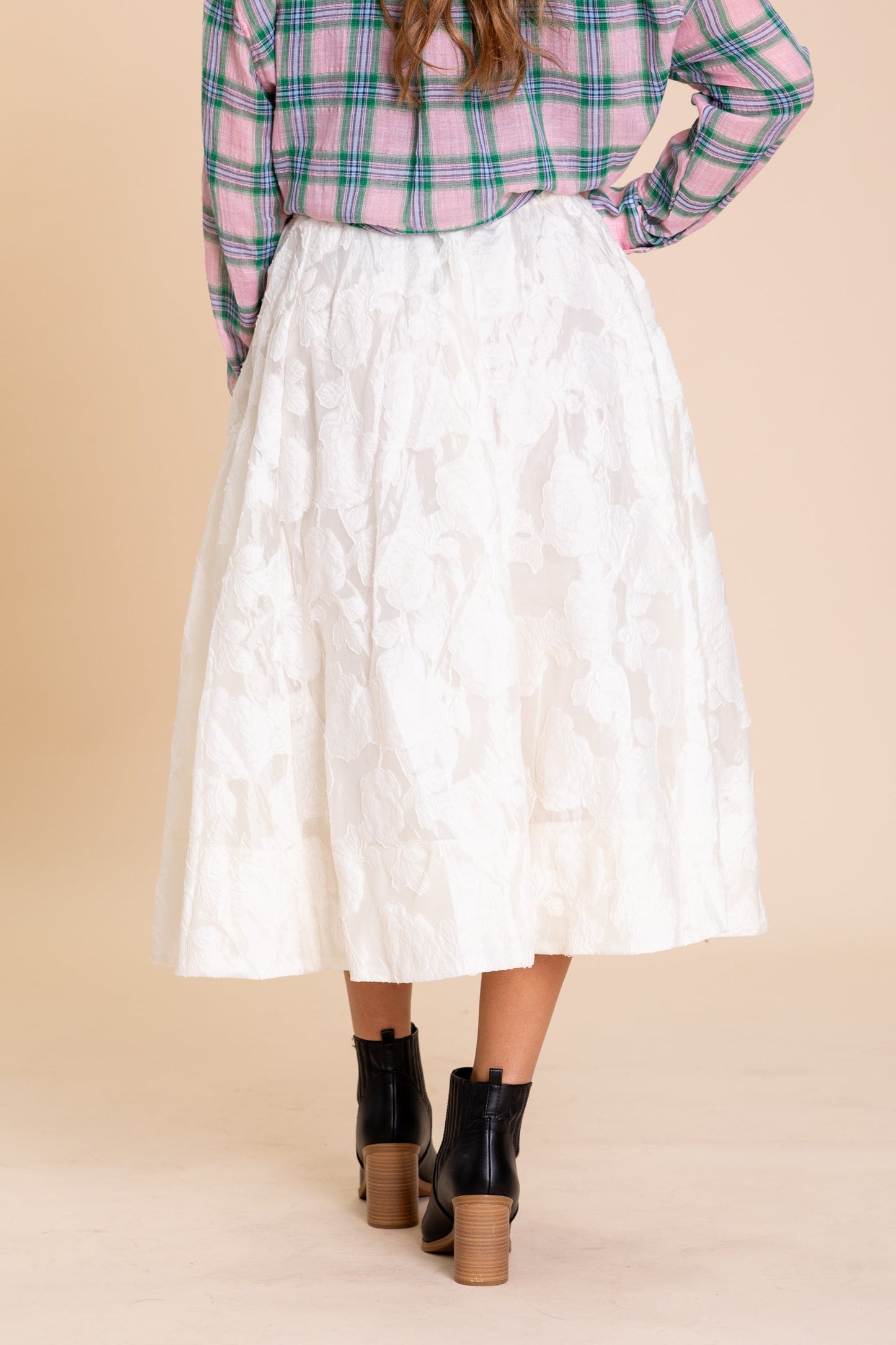 Cream Floral Print Elastic Waist Maxi Skirt