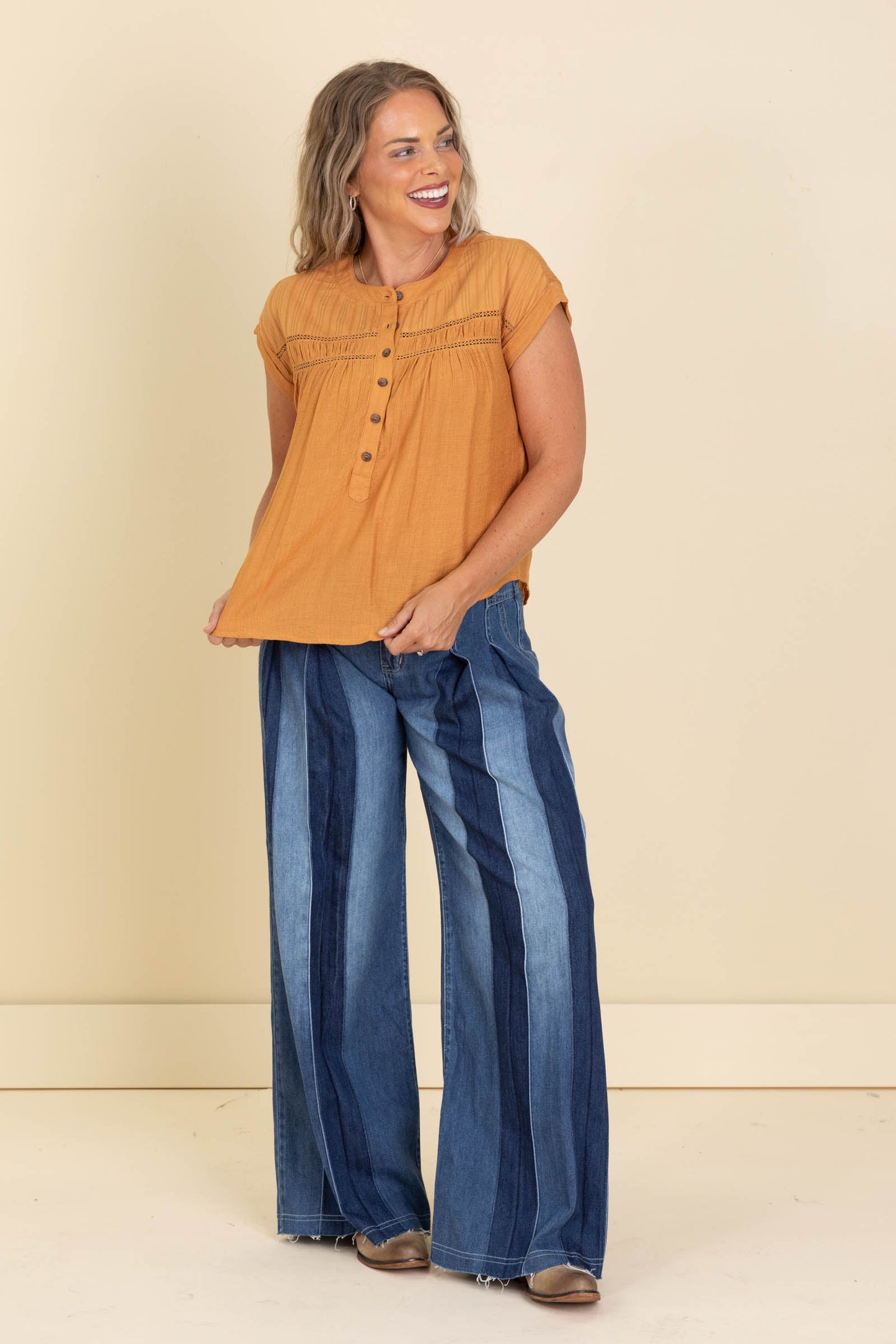Orange Eyelet Trim Half Button Woven Top