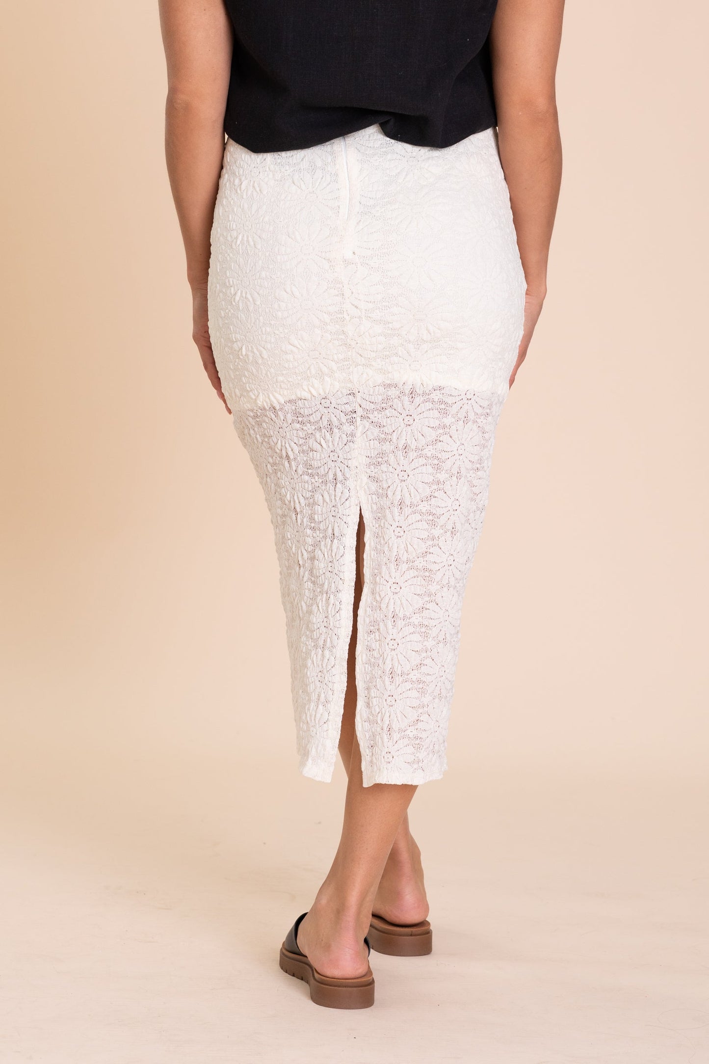 Cream Lace Midi Skirt With Back Zipper