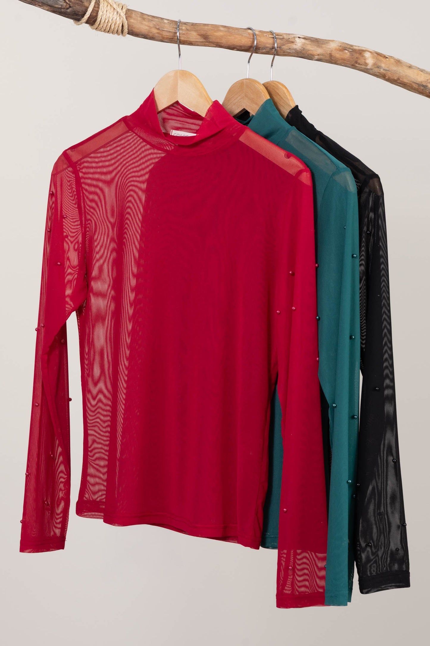 Mock Neck Mesh Knit Top With Pearls