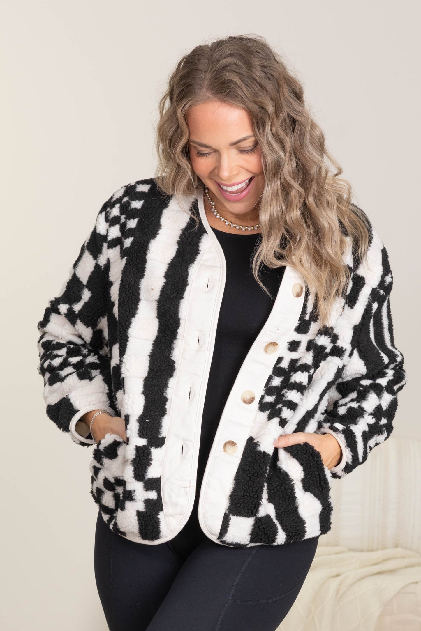 Checkered V-Neck Button Down Fleece Jacket