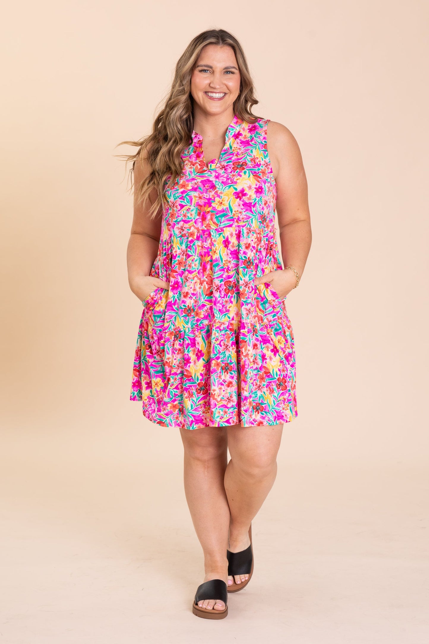 Fuchsia Floral Tiered Wrinkle Free Dress