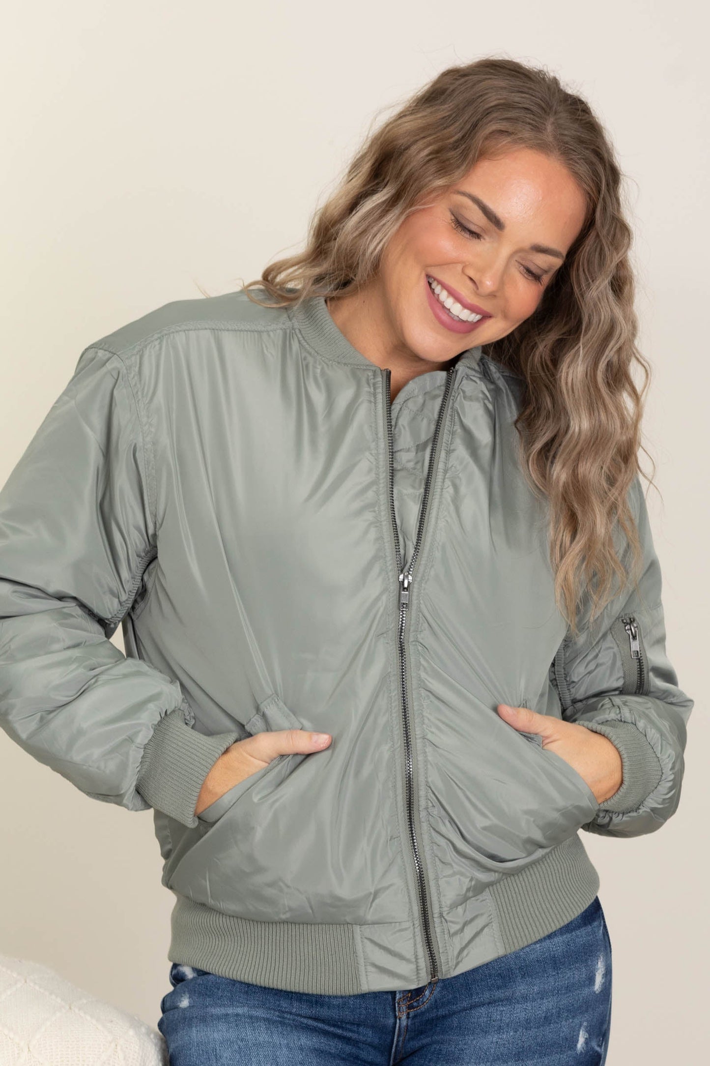 Dusty Olive Ruched Zip Up Bomber Jacket