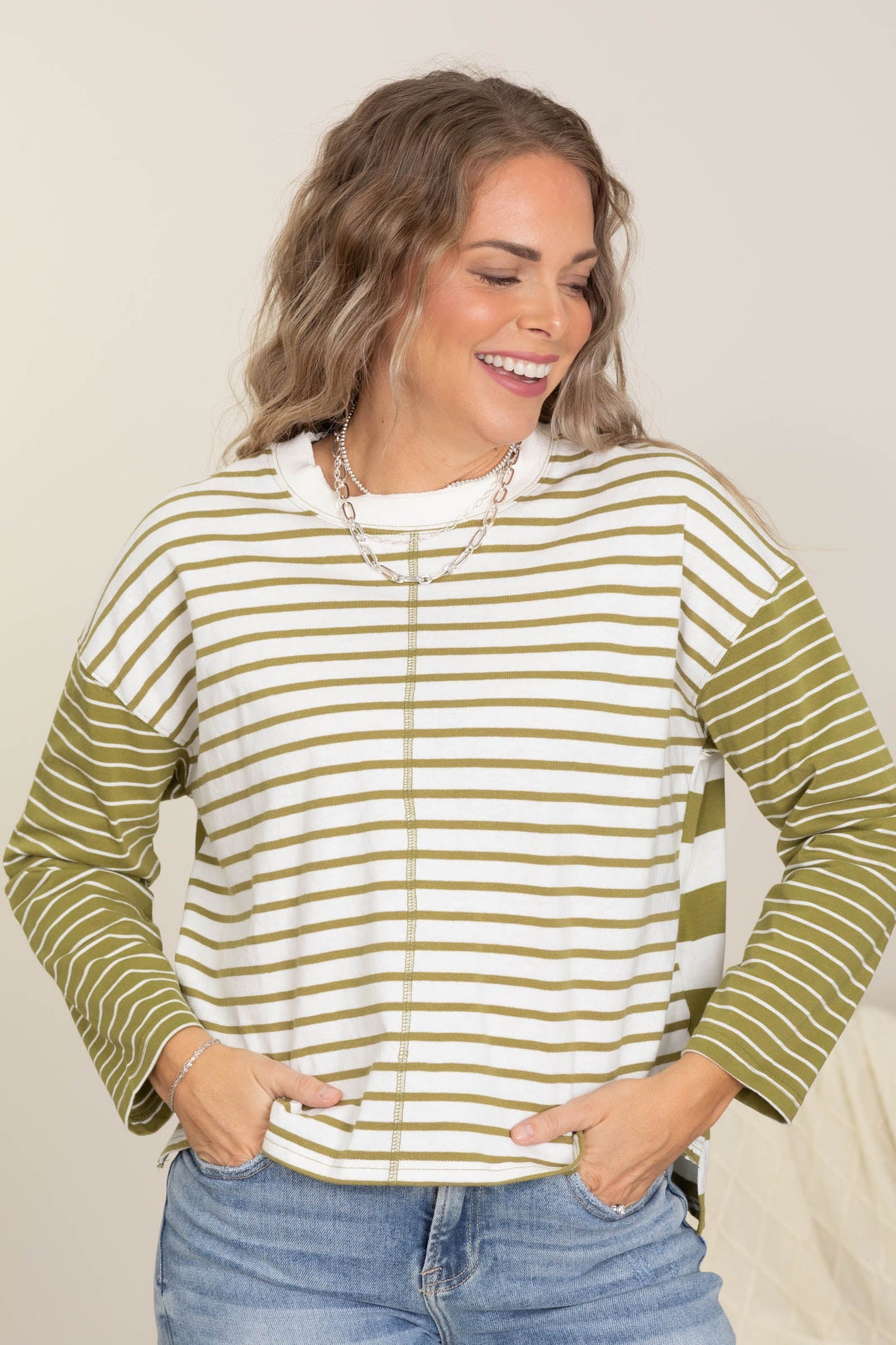 Light Olive Stripe Front Seam Knit Top