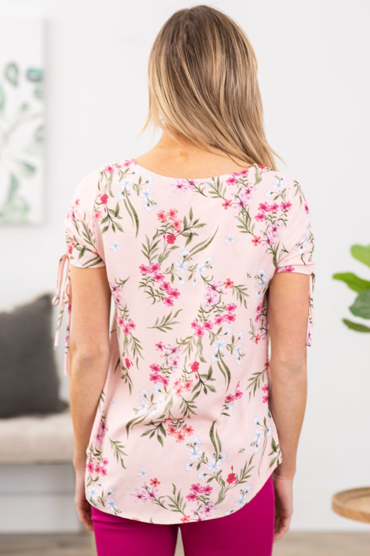 Baby Pink Floral Top With Sleeve Detail