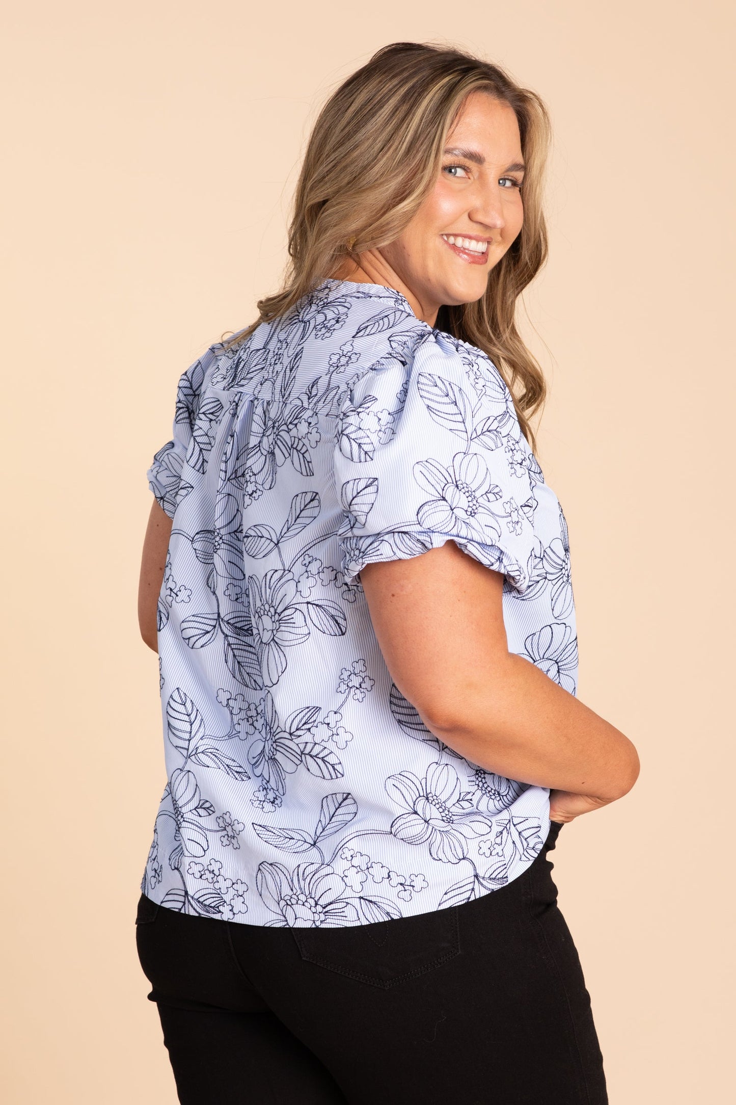 Baby Blue With Navy Floral Print Woven Top