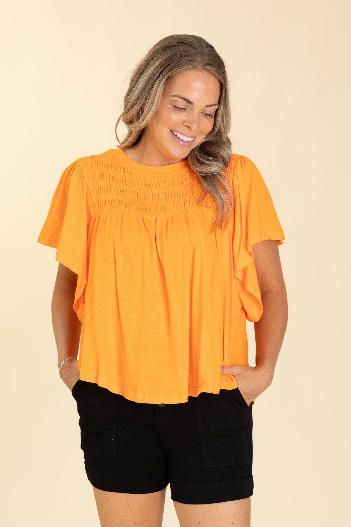 Orange Smocking Detail Flutter Sleeve Knit Top
