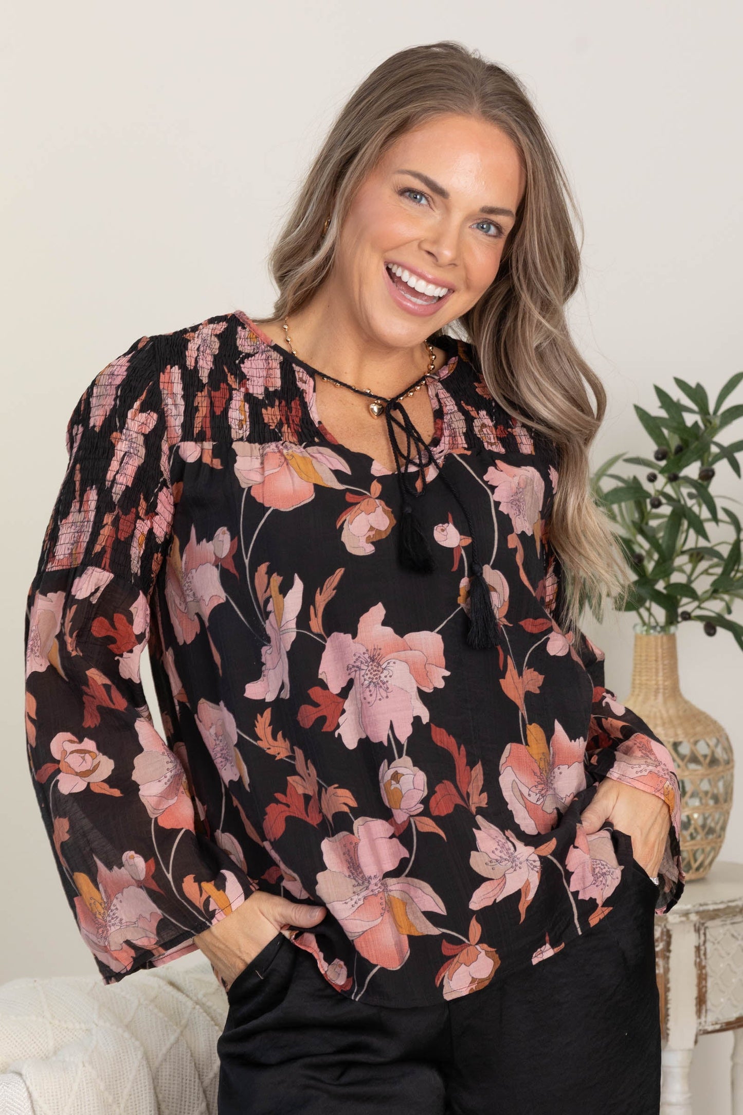 Black and Blush Floral Print Smocked Tie Front Top