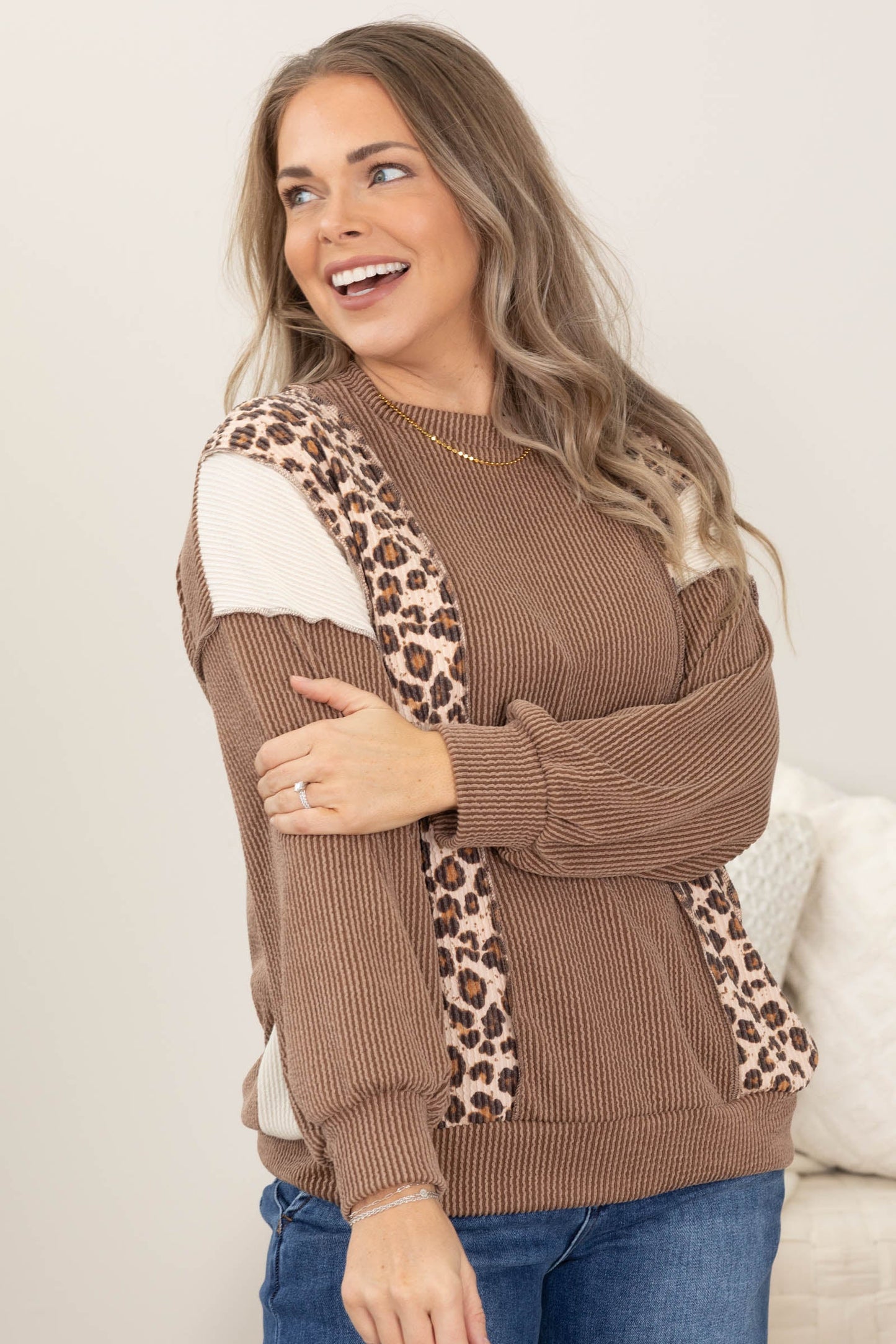 Mocha Colorblock With Leopard Rib Knit Top