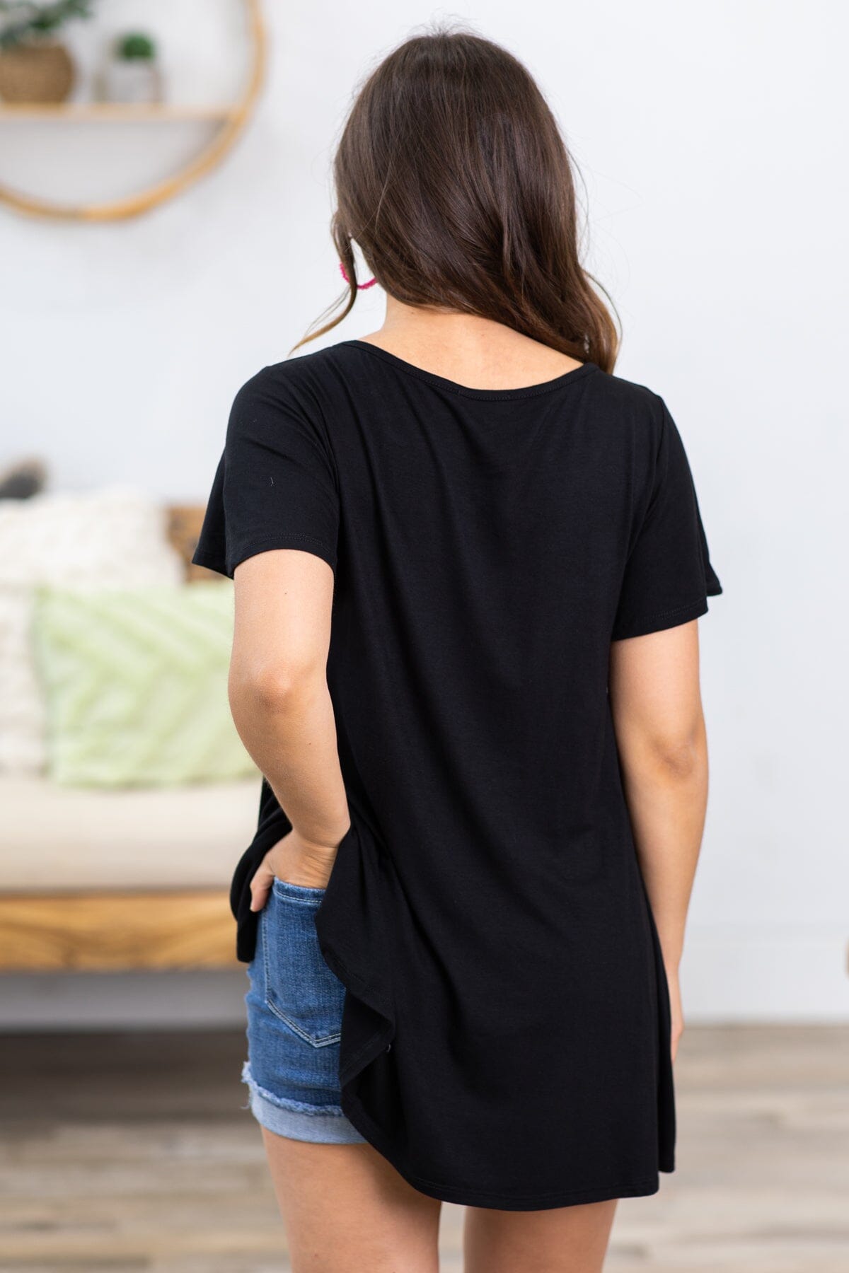 Black Short Sleeve Top With Criss-Cross Detail