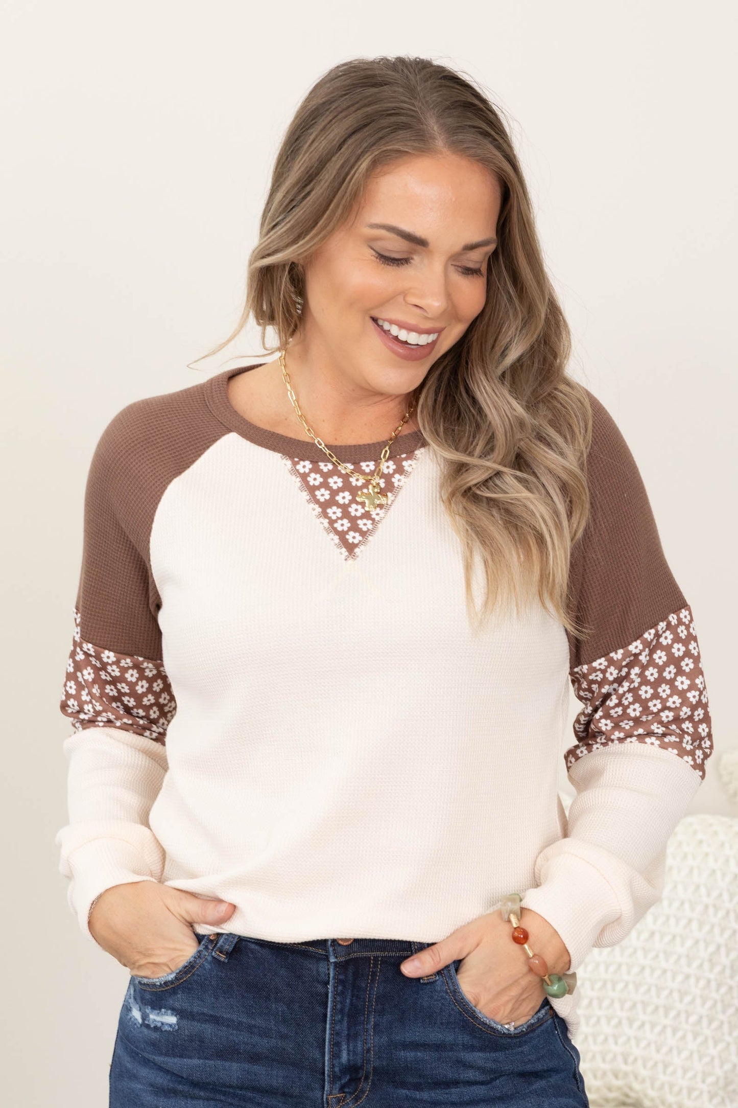 Brown And Beige Floral Sleeve Detail Top