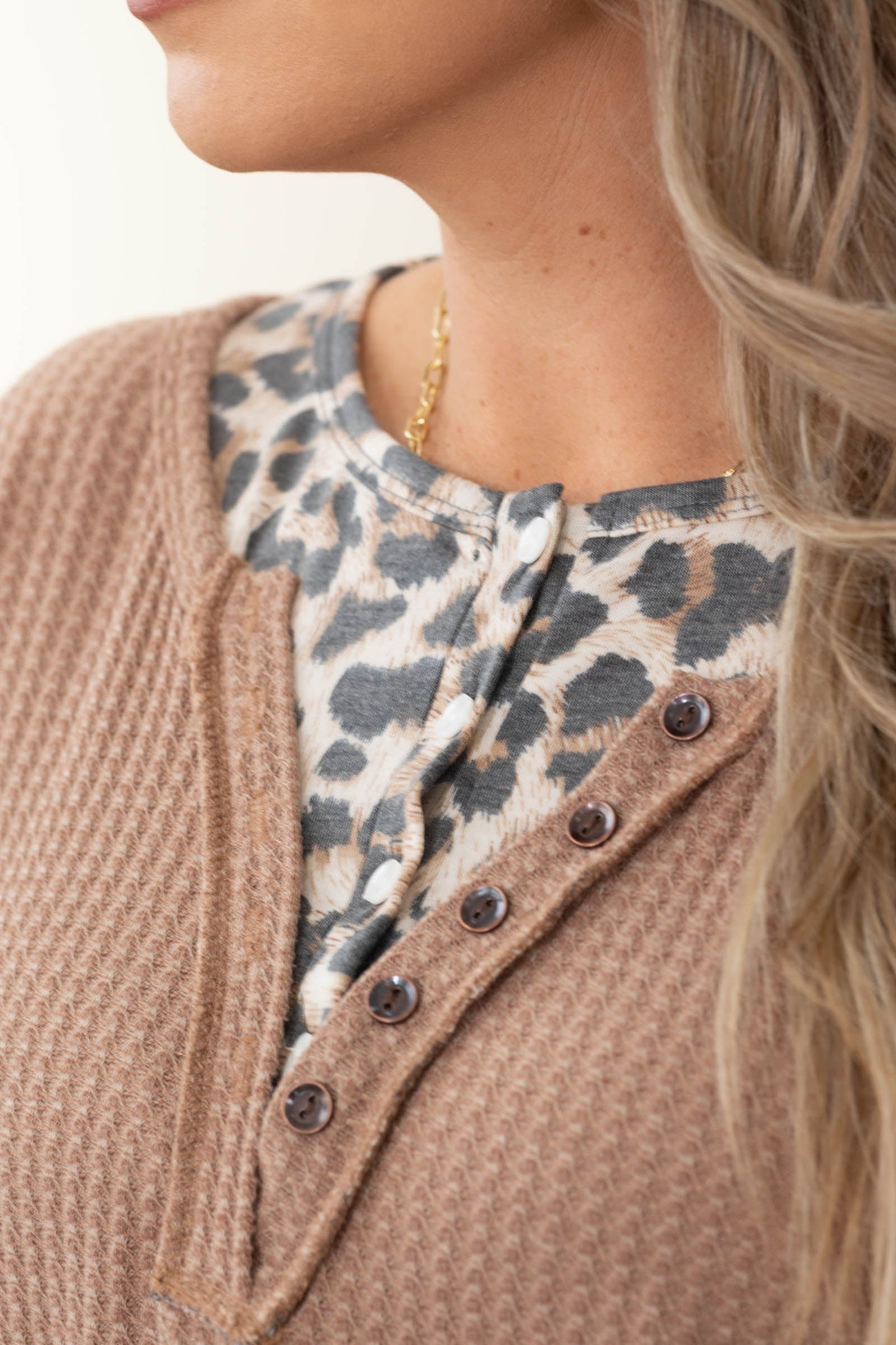Camel Waffle Leopard Double Layer Knit Top