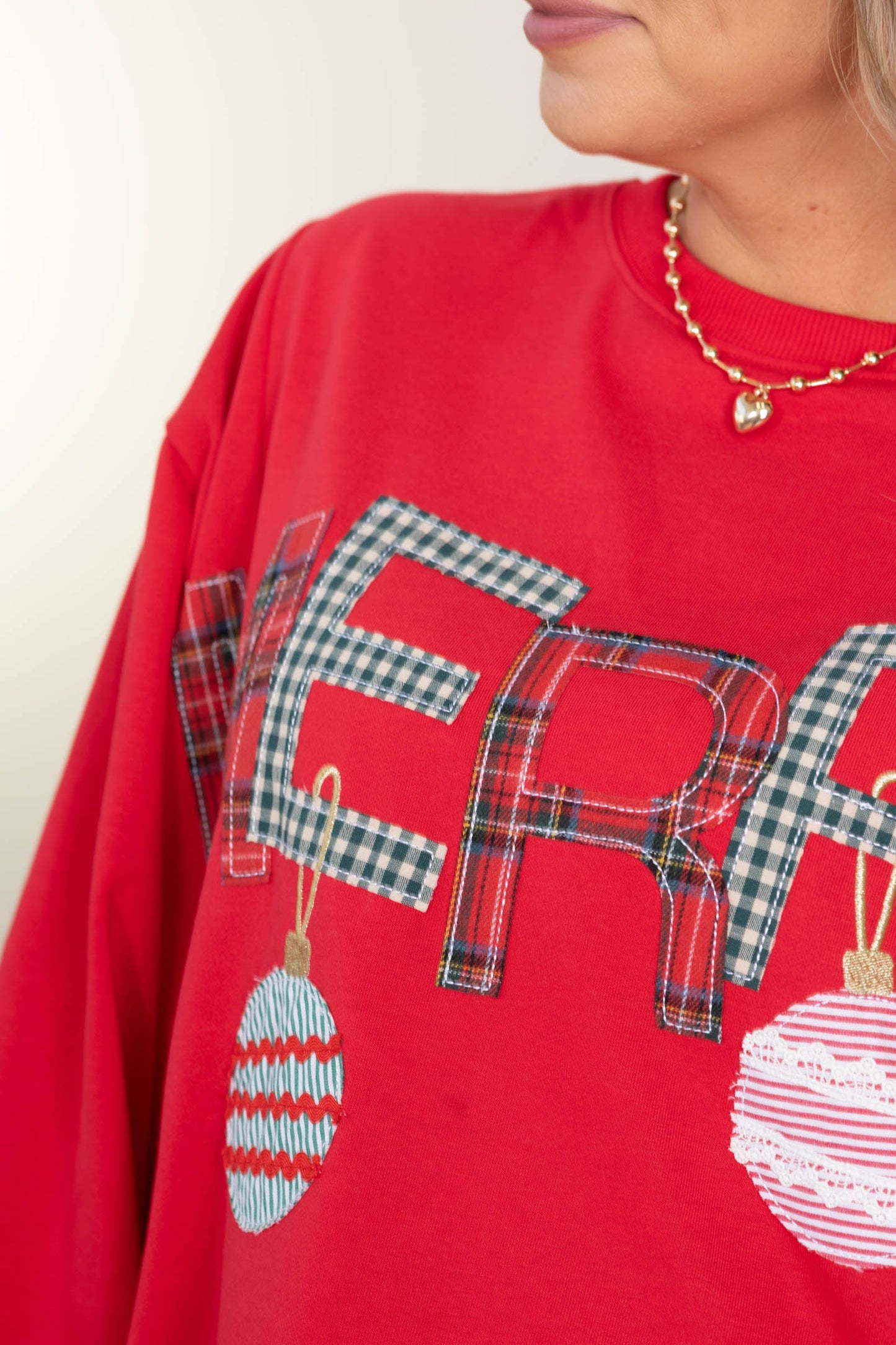 Red Merry Ornament Patchwork Knit Top