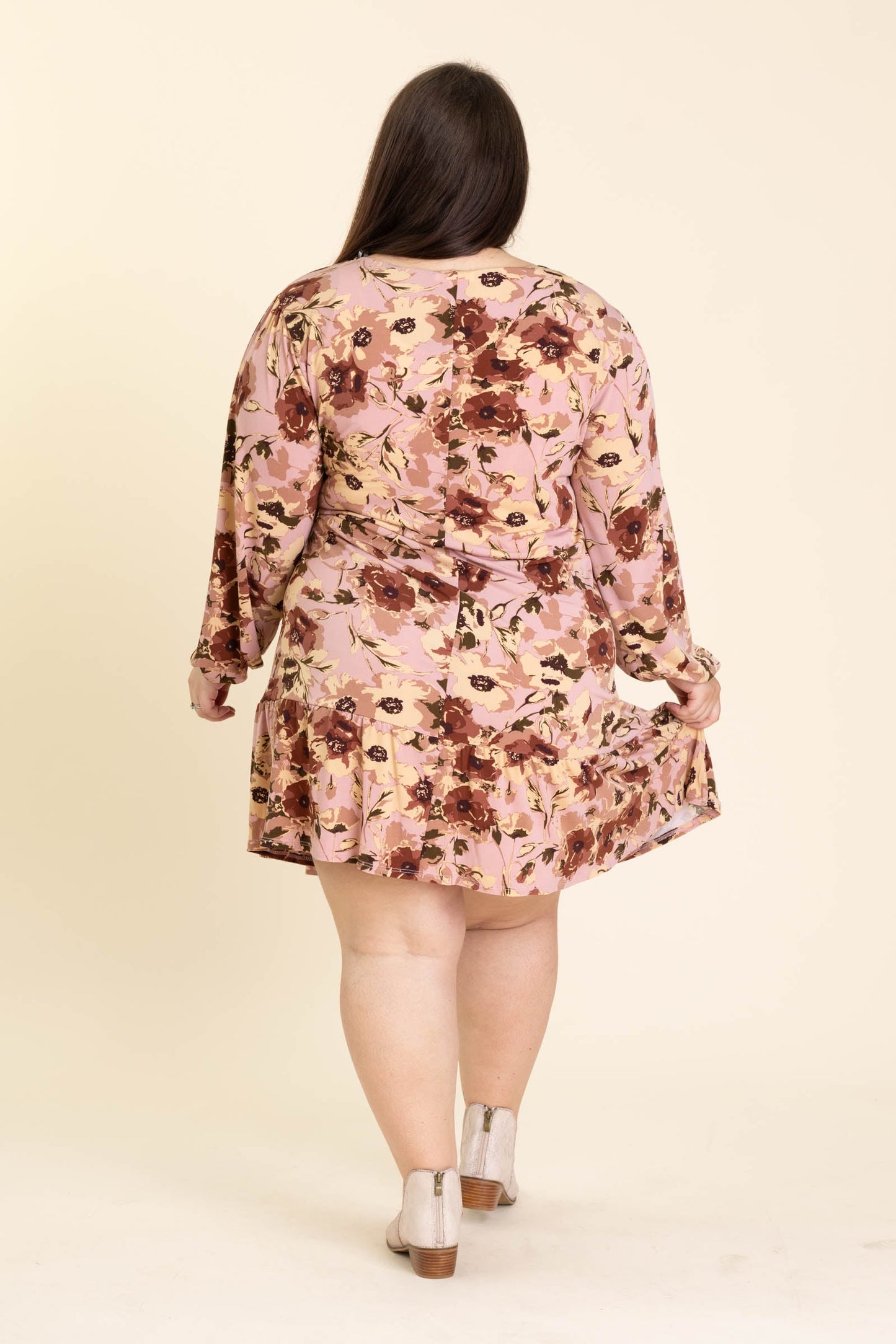 Mauve Brown Long Sleeve Floral Tie Dress