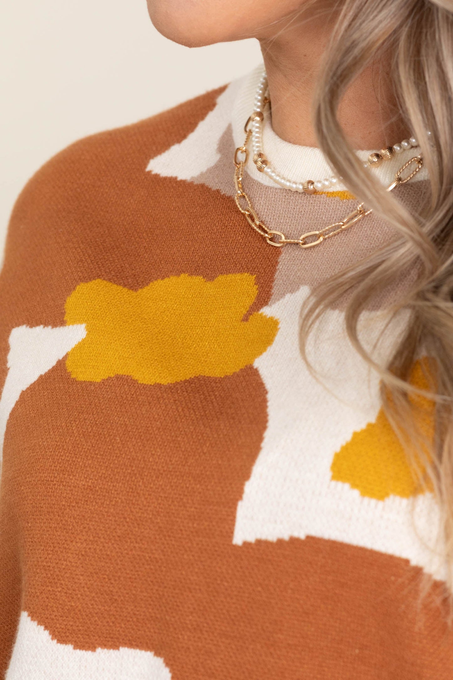 Ivory And Cognac Floral Intarsia Sweater