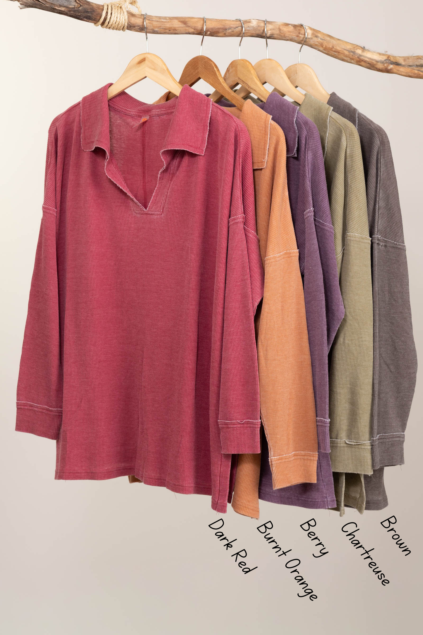 Waffle Knit Oversized Collared Long Sleeve Tops