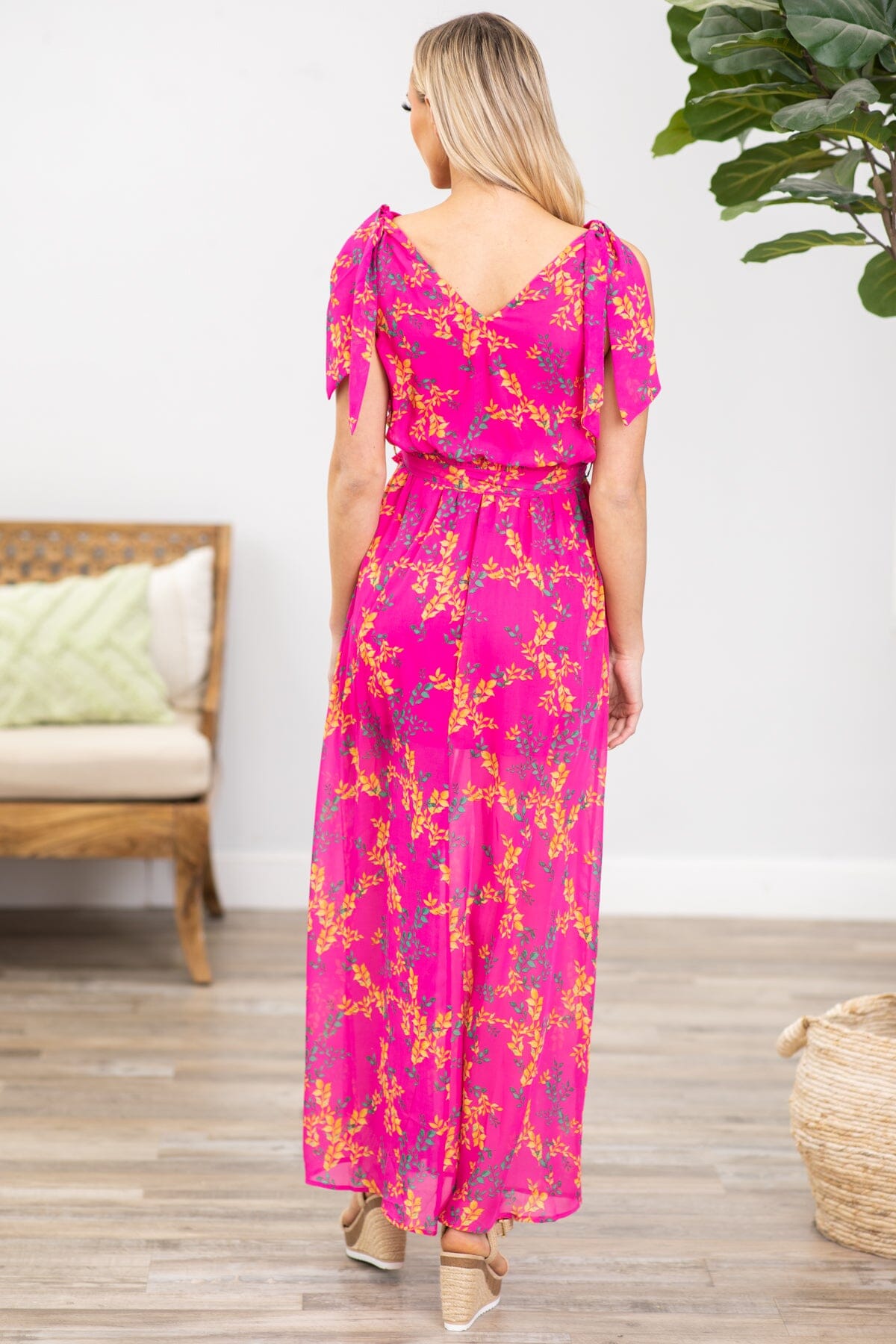 Hot Pink Floral Print Surplice Front Maxi Dress