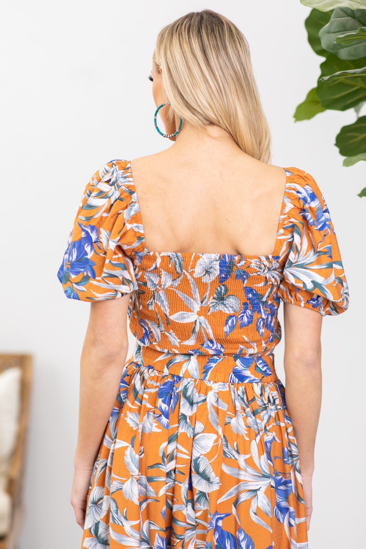 Orange and Cobalt Floral Square Neck Top