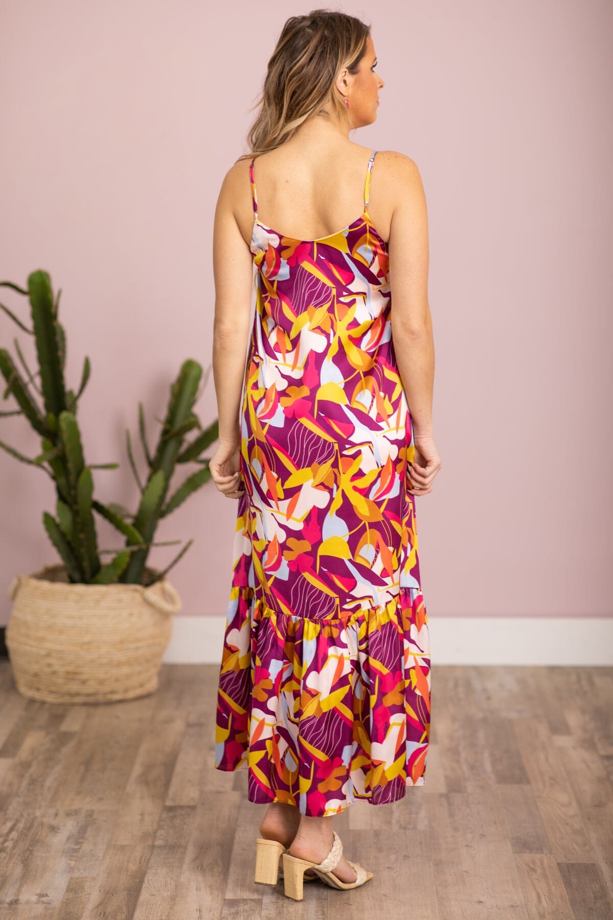 Raspberry and Yellow Tropical Print Maxi Dress