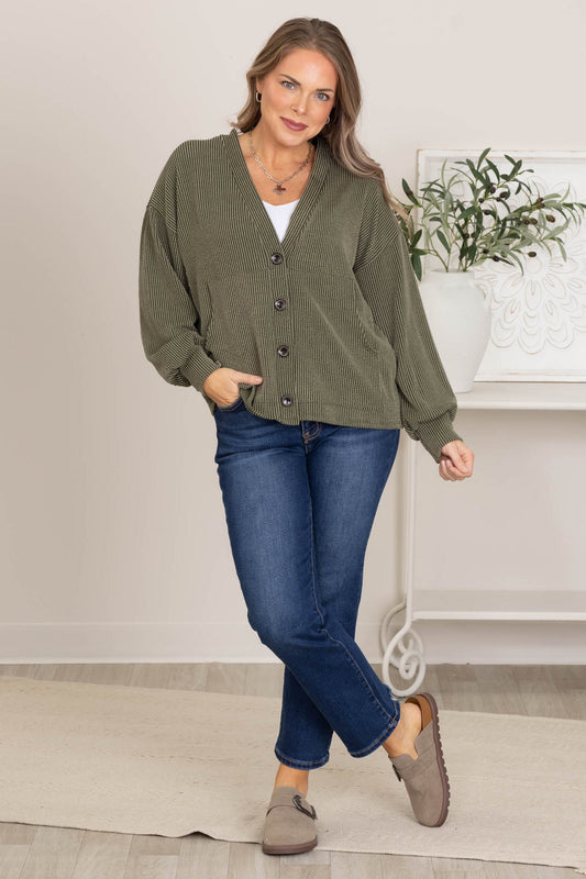 Solid Ribbed Button Front Knit Cardigans