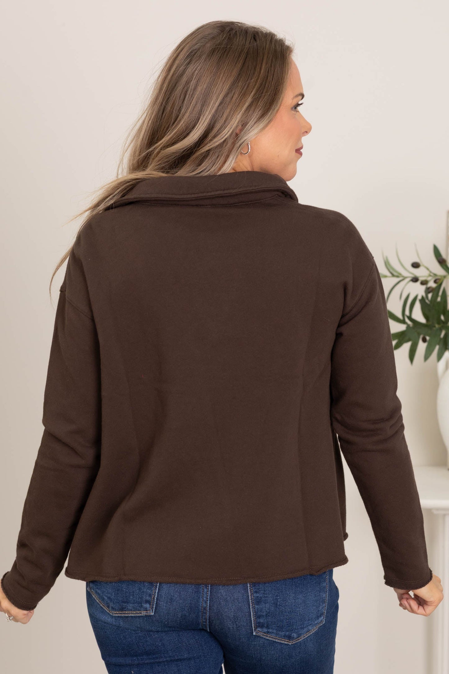 French Terry Raw Edge V-Neck Top