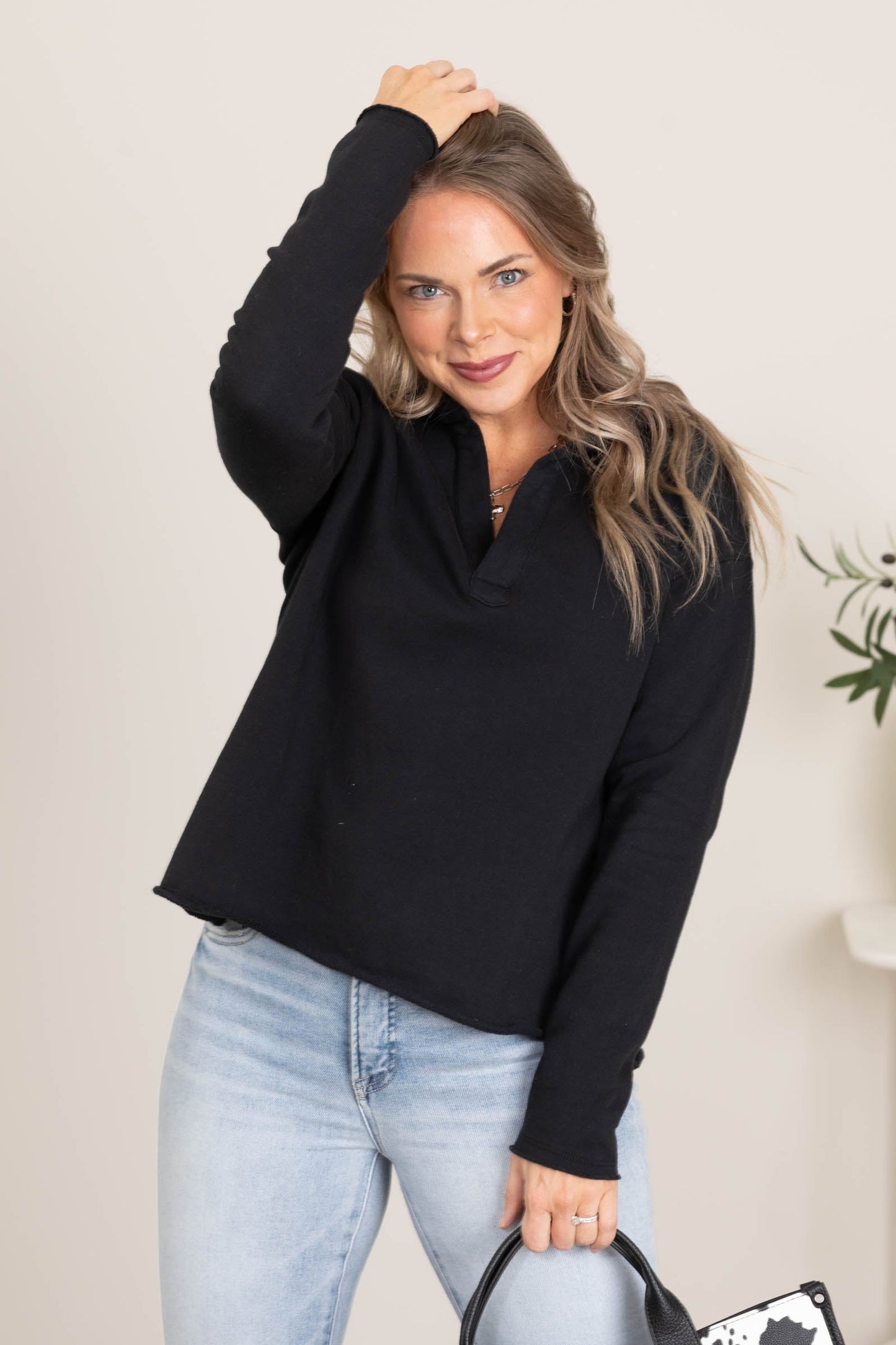 French Terry Raw Edge V-Neck Top