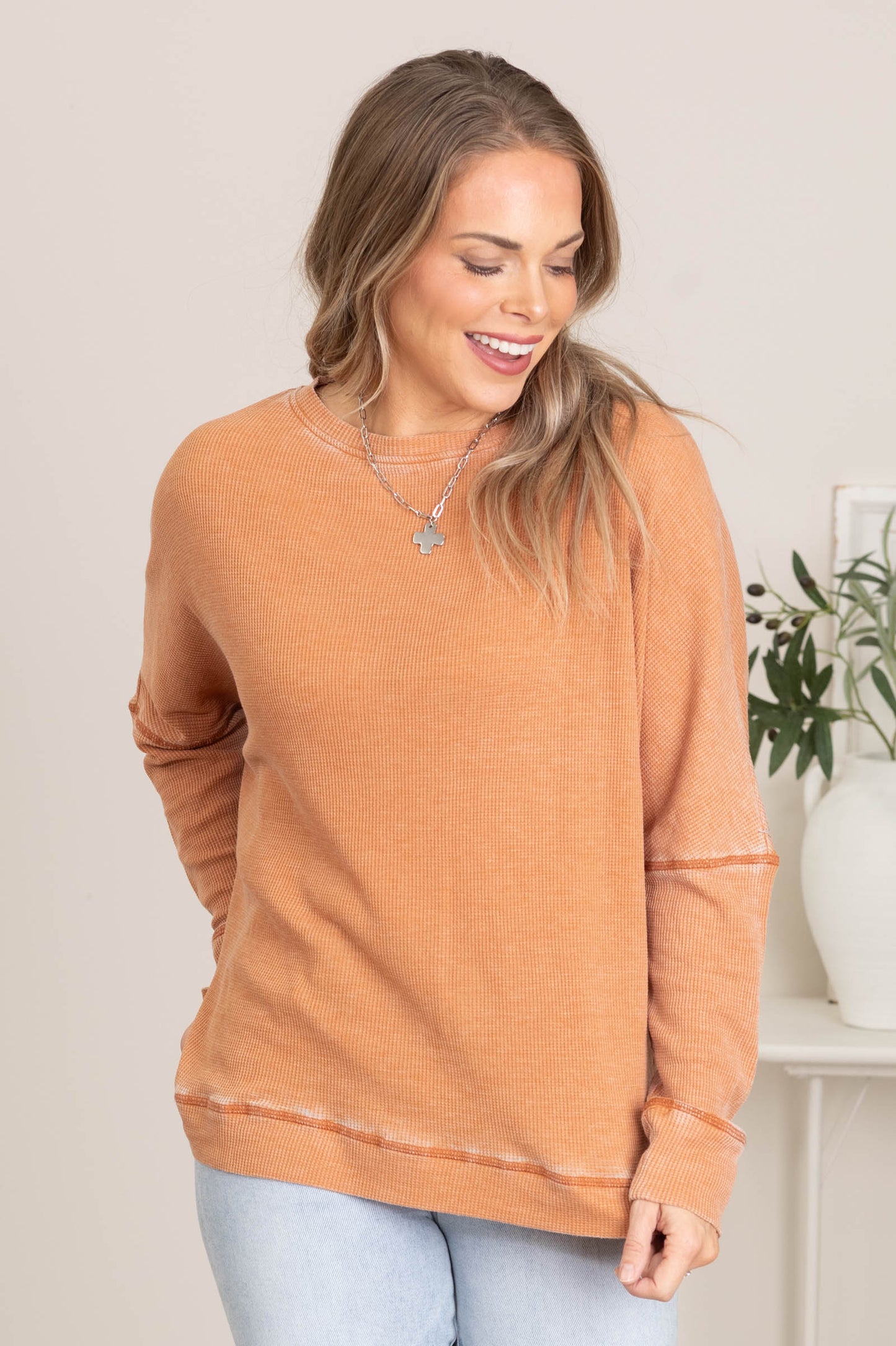 Waffle Boyfriend Fit Round Neck Pullover