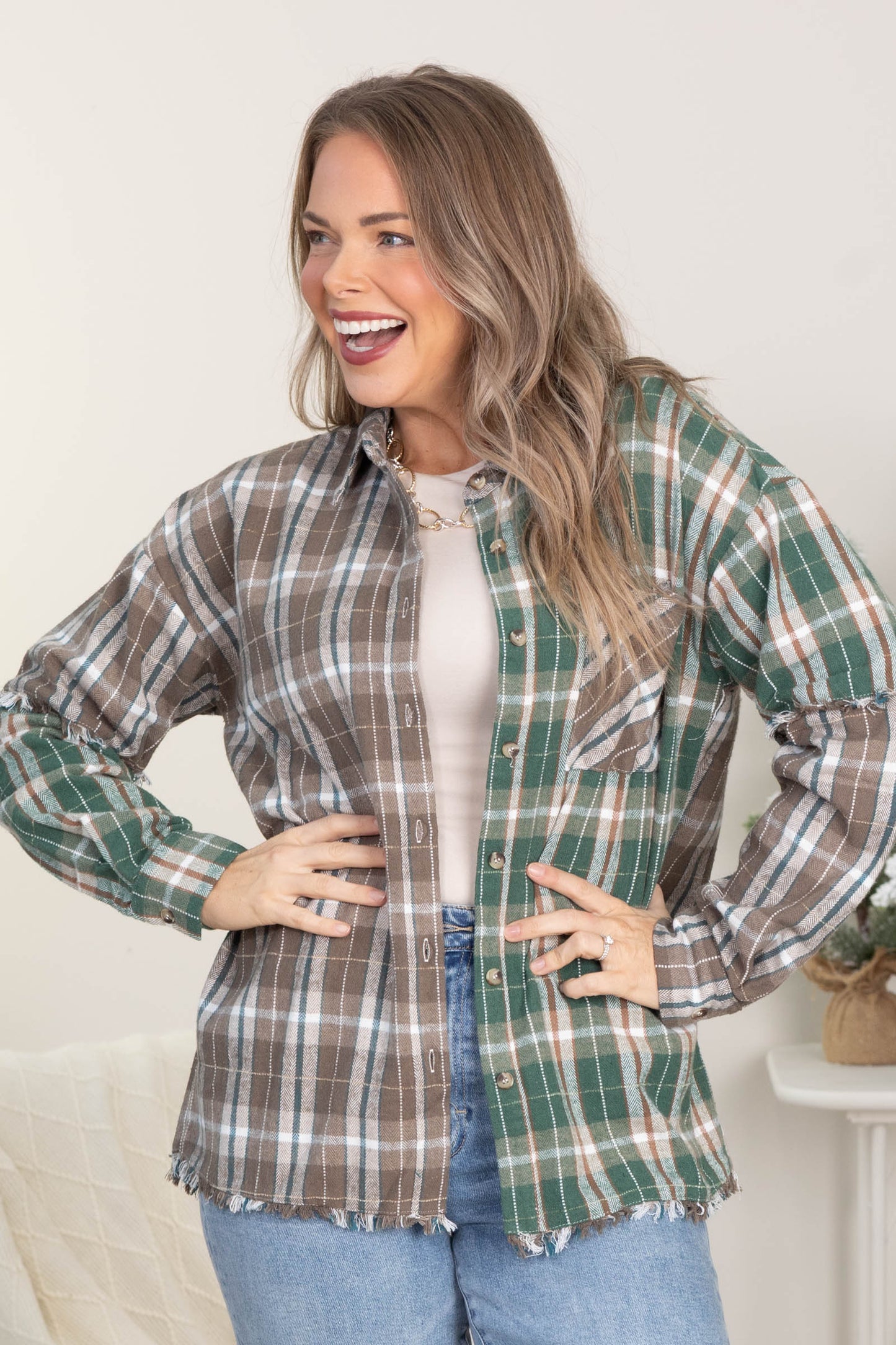 Taupe Mixed Plaid Frayed Hem Button Down Top