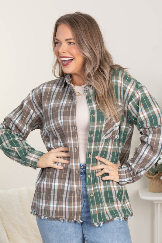 Taupe Mixed Plaid Frayed Hem Button Down Top