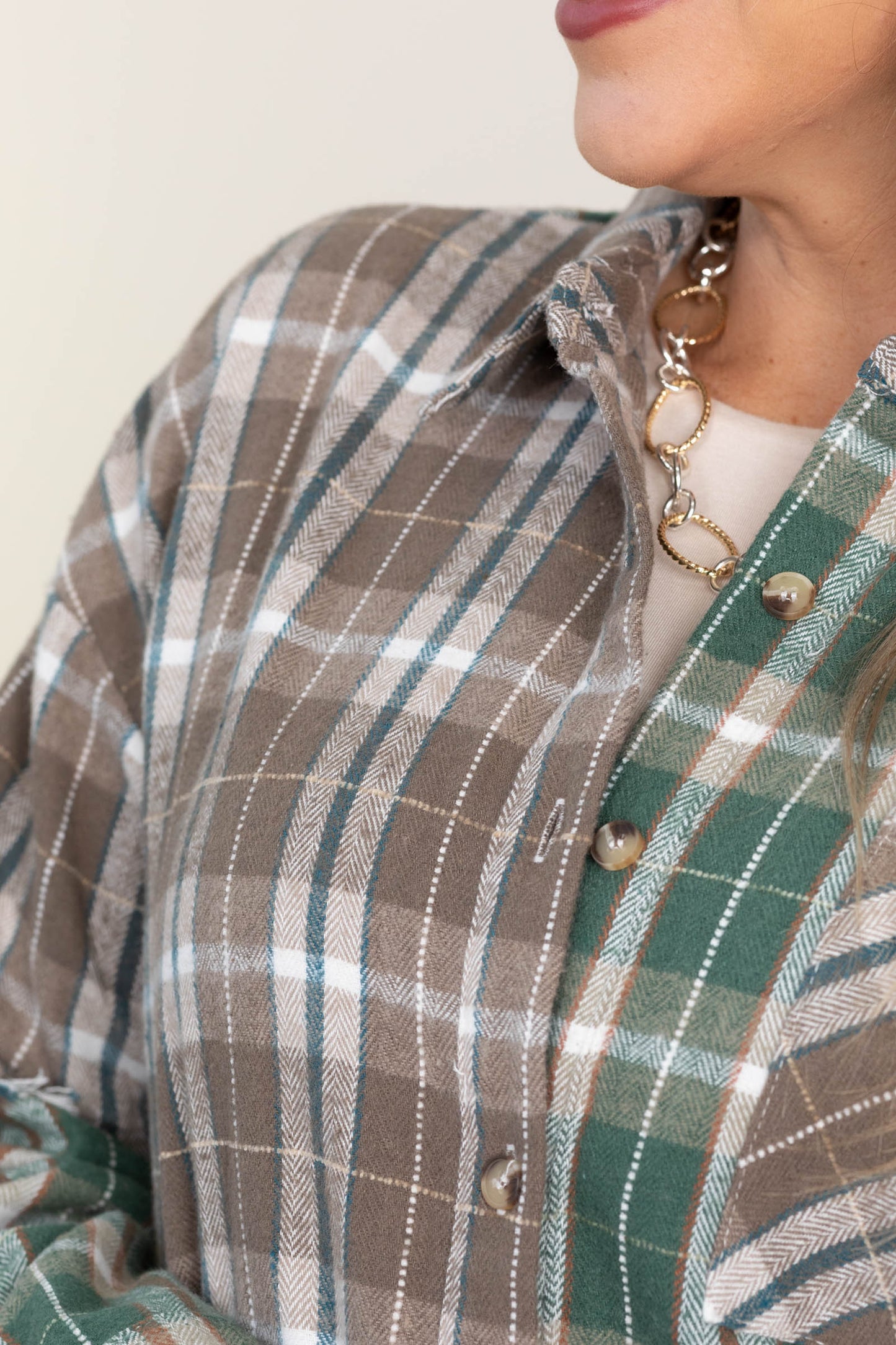 Taupe Mixed Plaid Frayed Hem Button Down Top