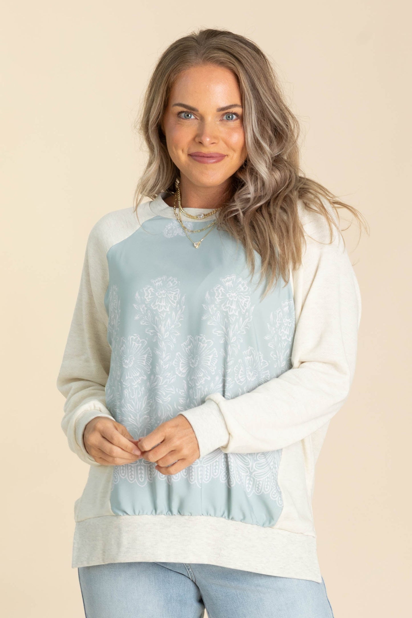 Heathered Ivory And Light Teal Long Sleeve Top