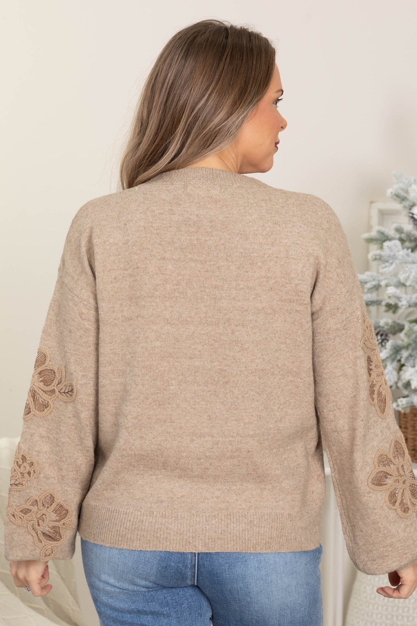 Taupe Embroidered Floral Detail Sweater