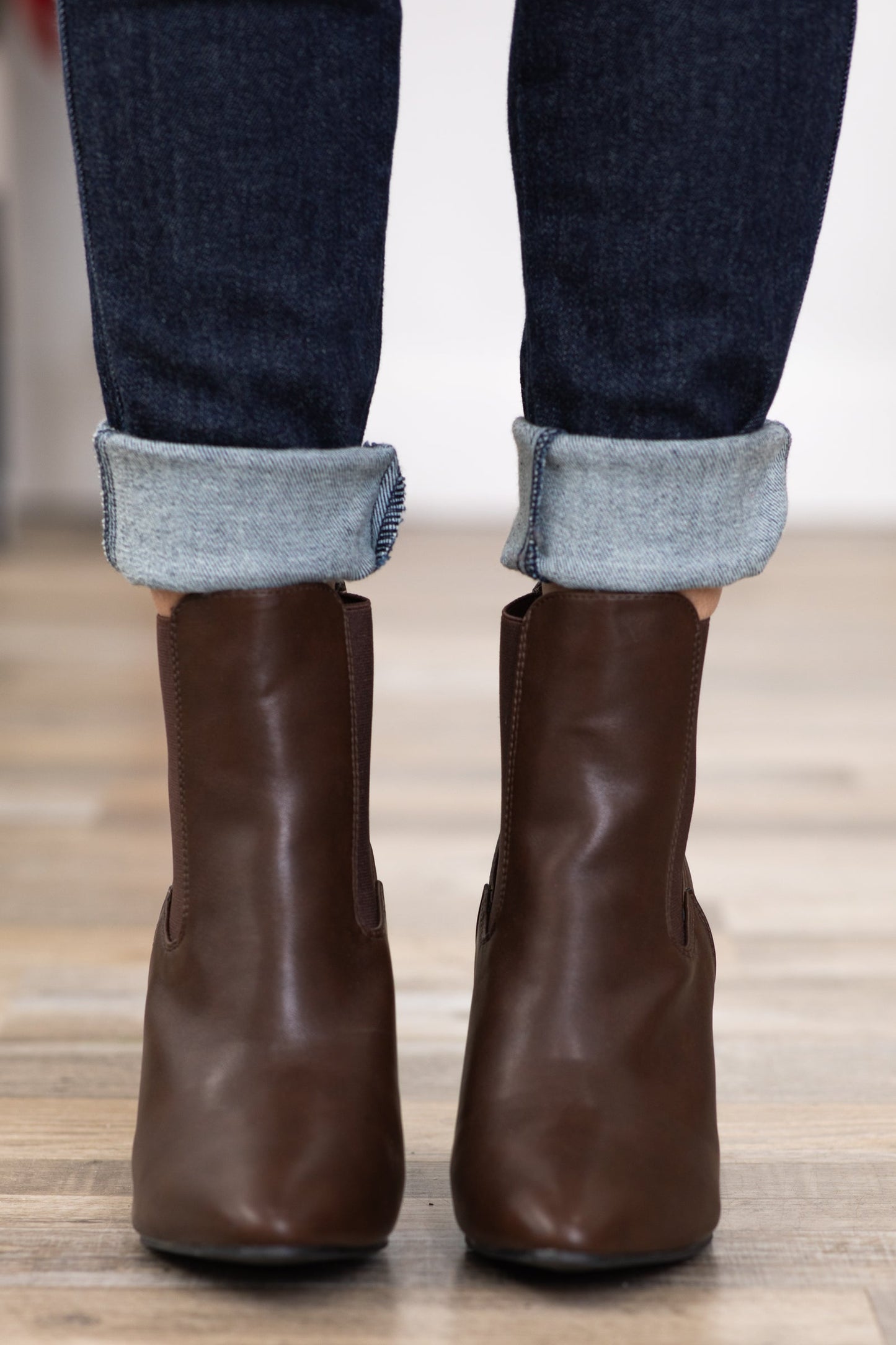 Brown Block Heel Pull On Booties