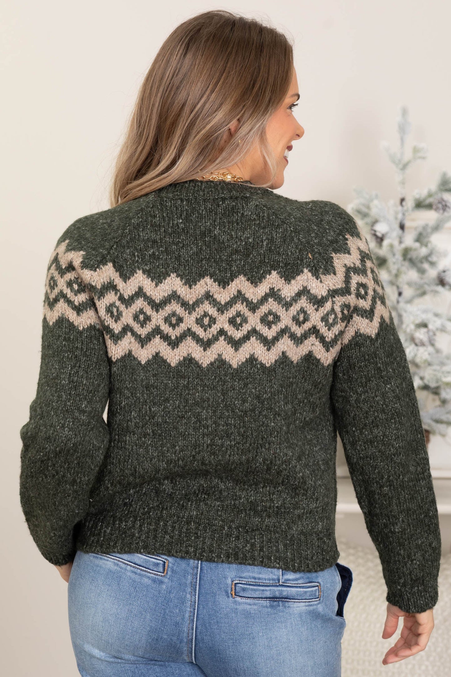 Hunter Green Jacquard Patterned Knit Sweater