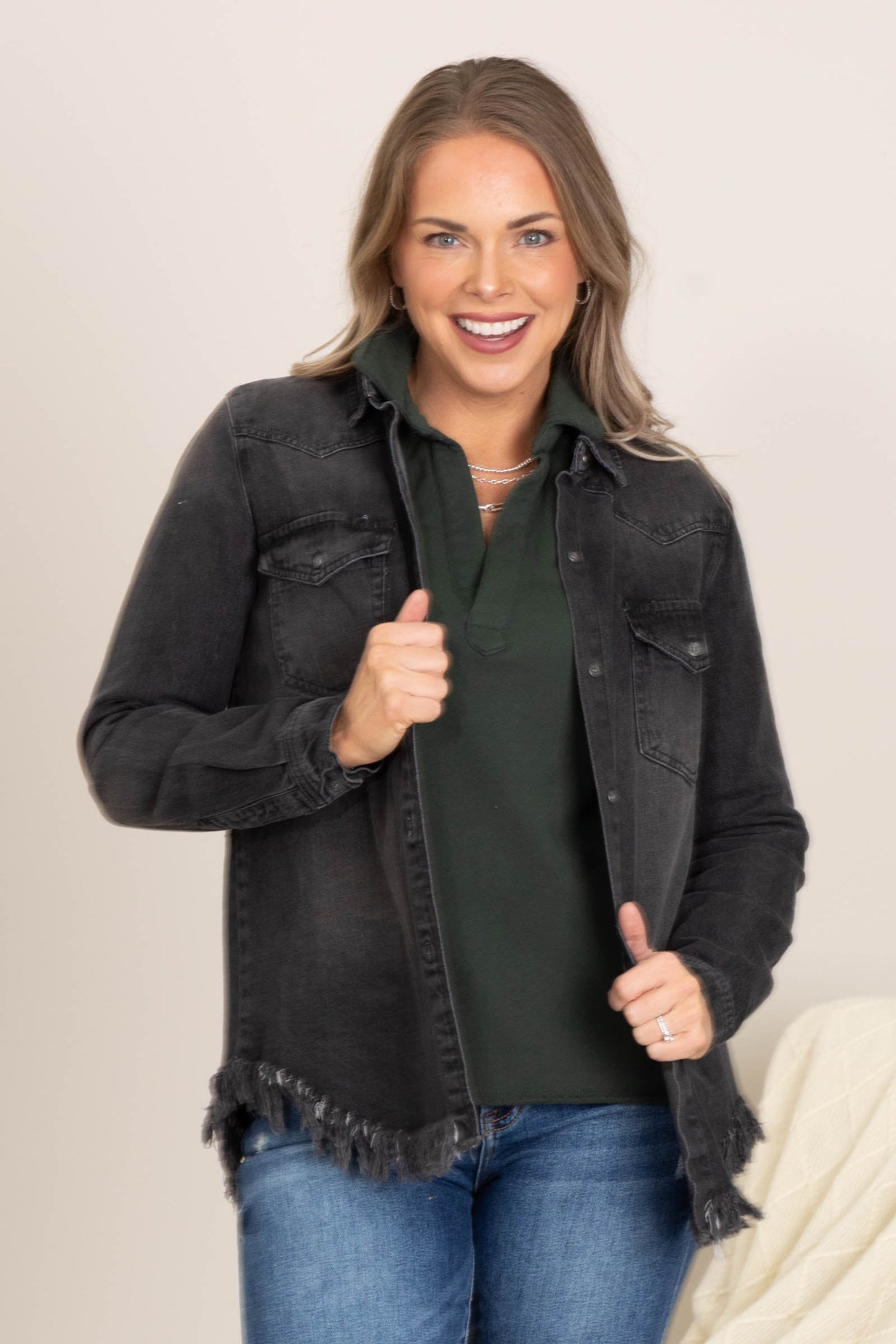 French Terry Raw Edge V-Neck Top