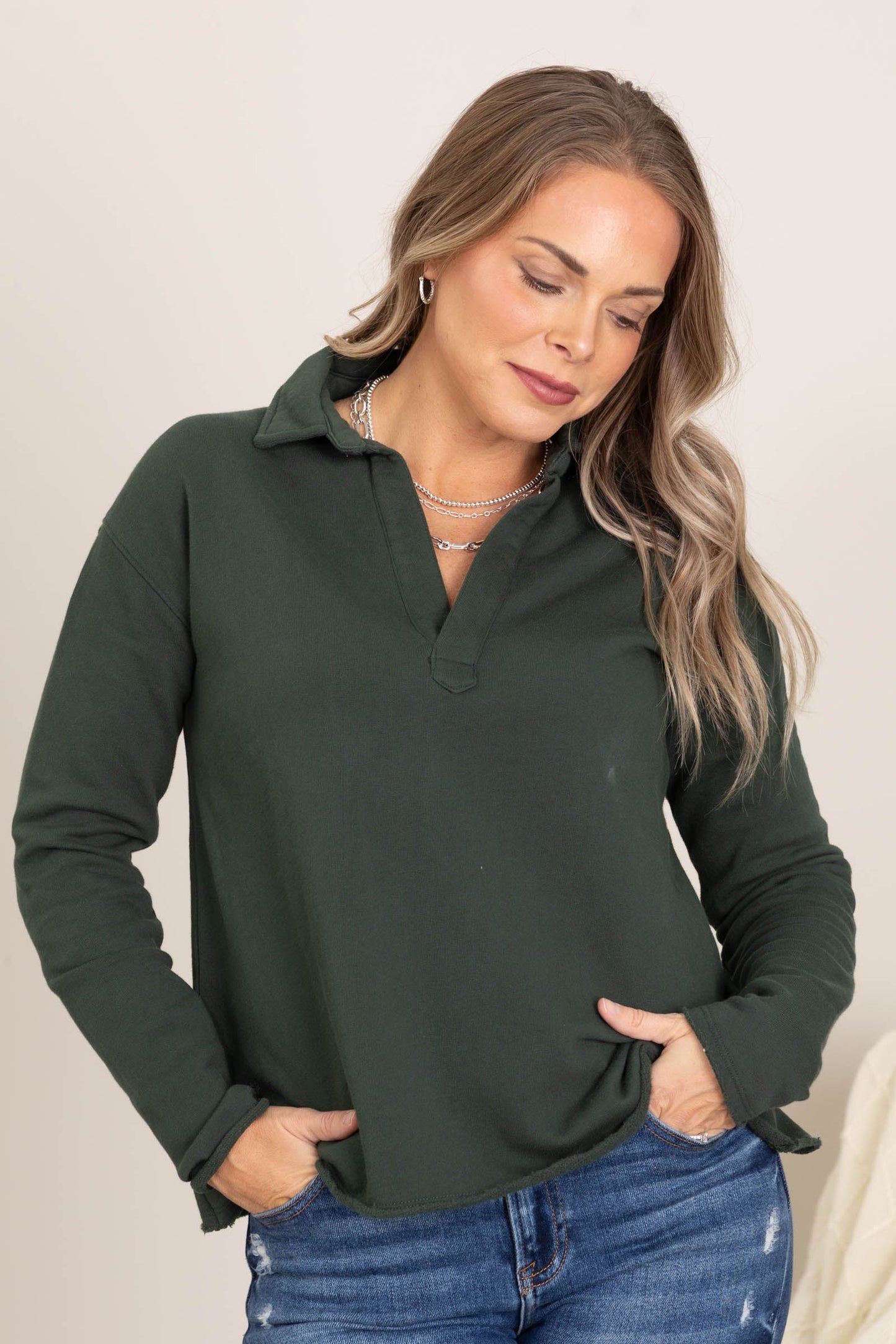 French Terry Raw Edge V-Neck Top