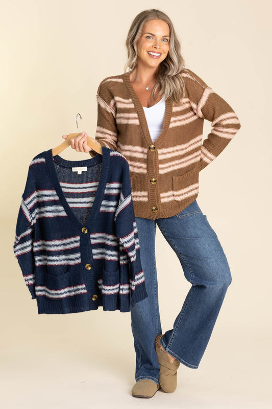 Retro Striped Button Front Cardigans
