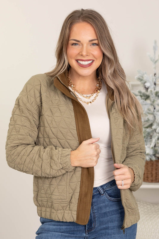 Olive Drop Shoulder Quilted Bomber Jacket