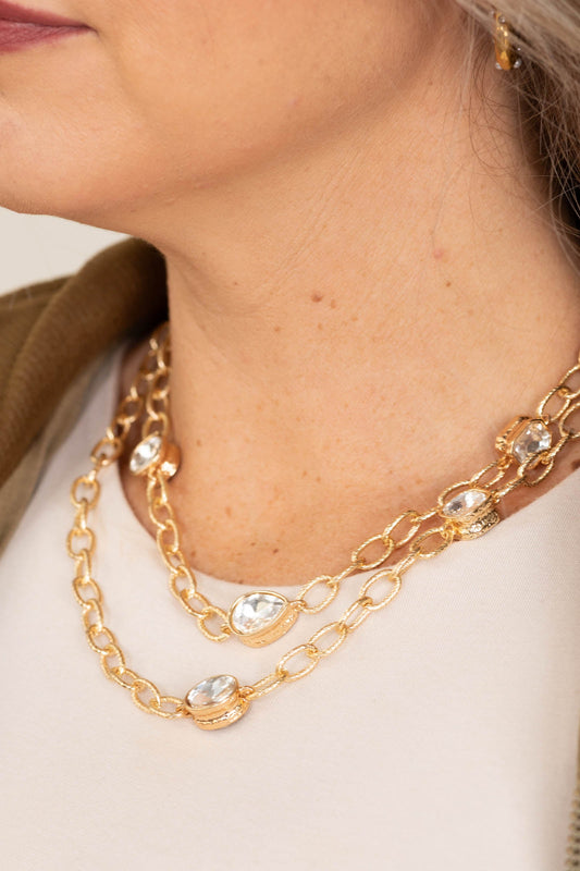 Gold Open Chain with Clear Stones Necklace