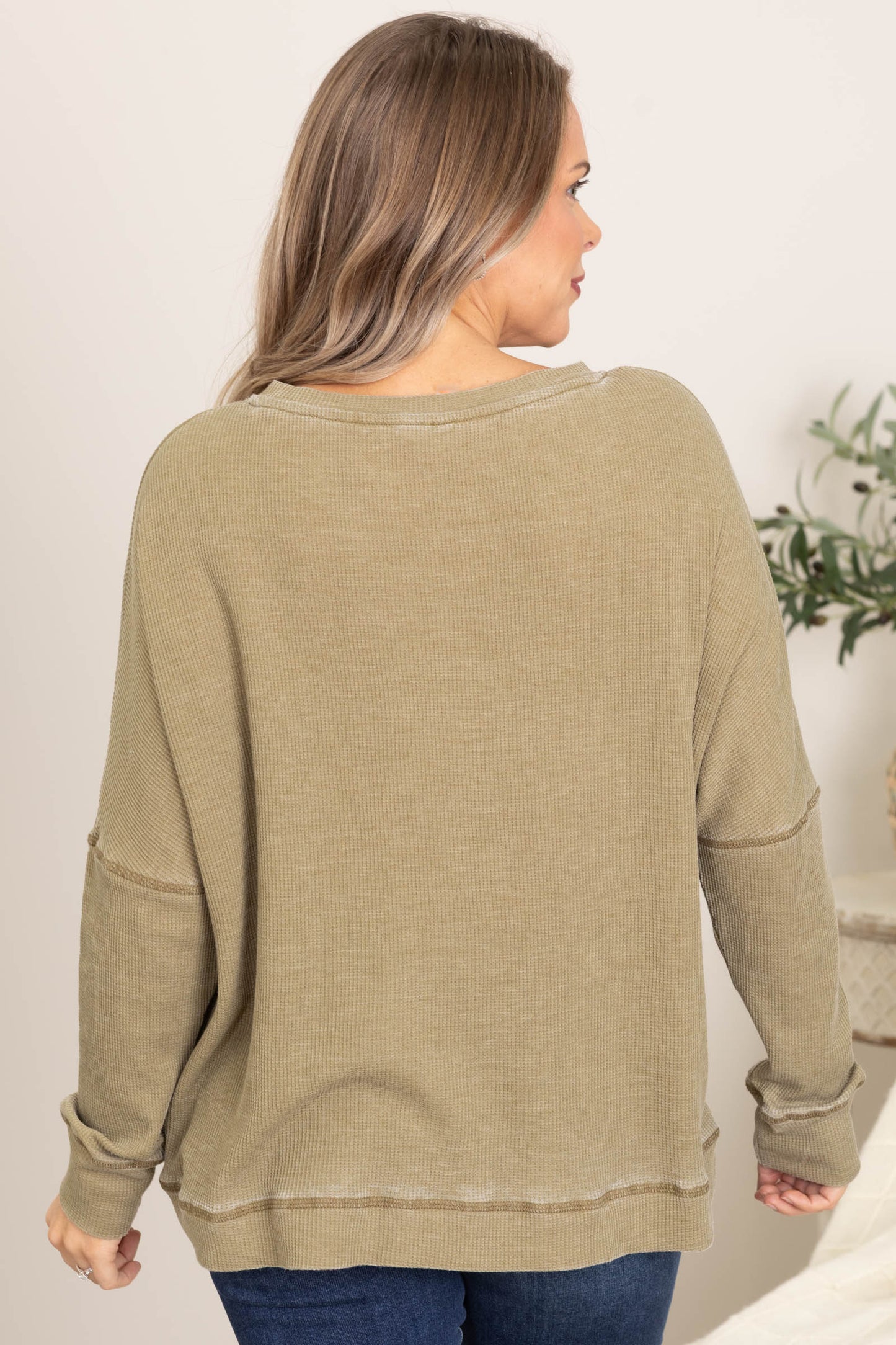 Waffle Boyfriend Fit Round Neck Pullover