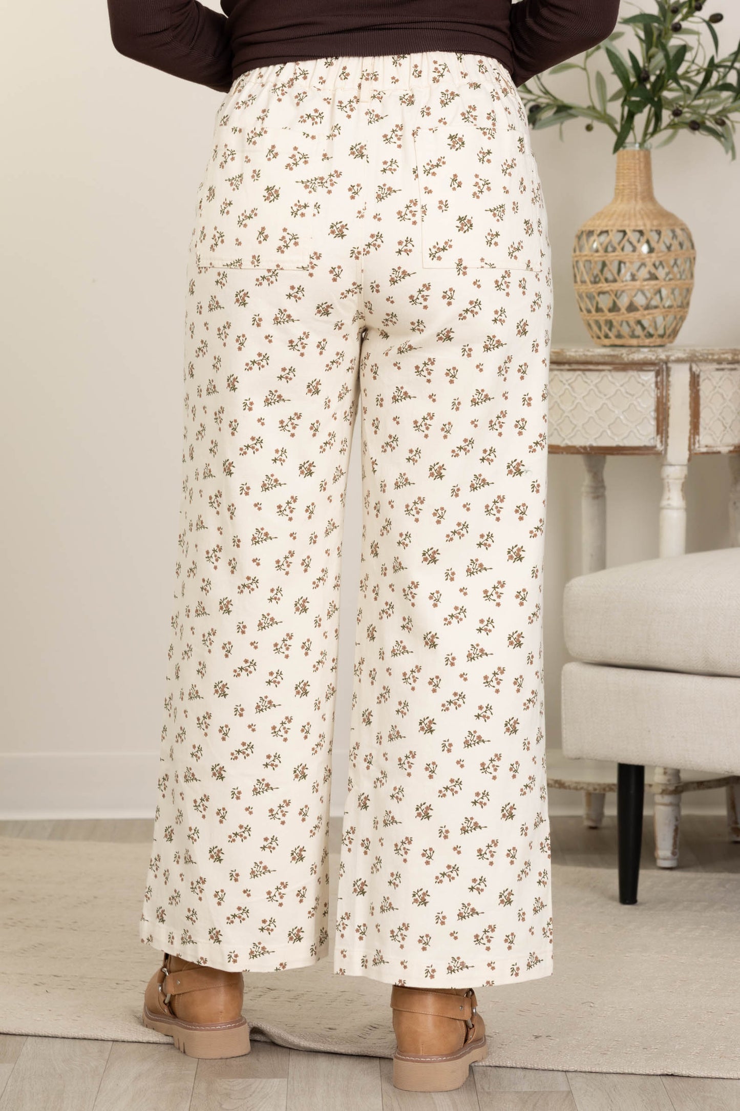 Cream Floral Denim Pants