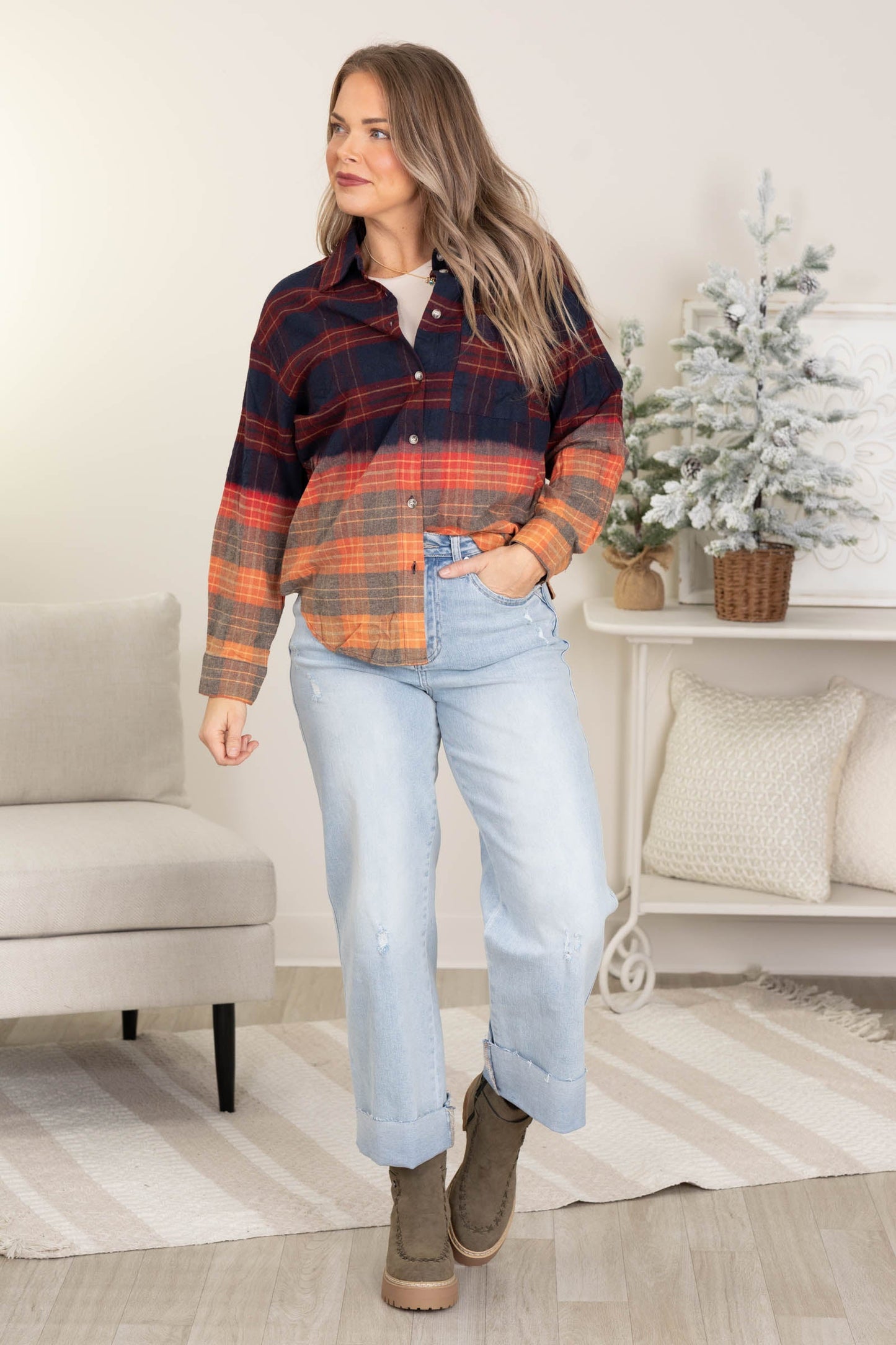 Navy Multicolor Colorblock Plaid Button Up Top