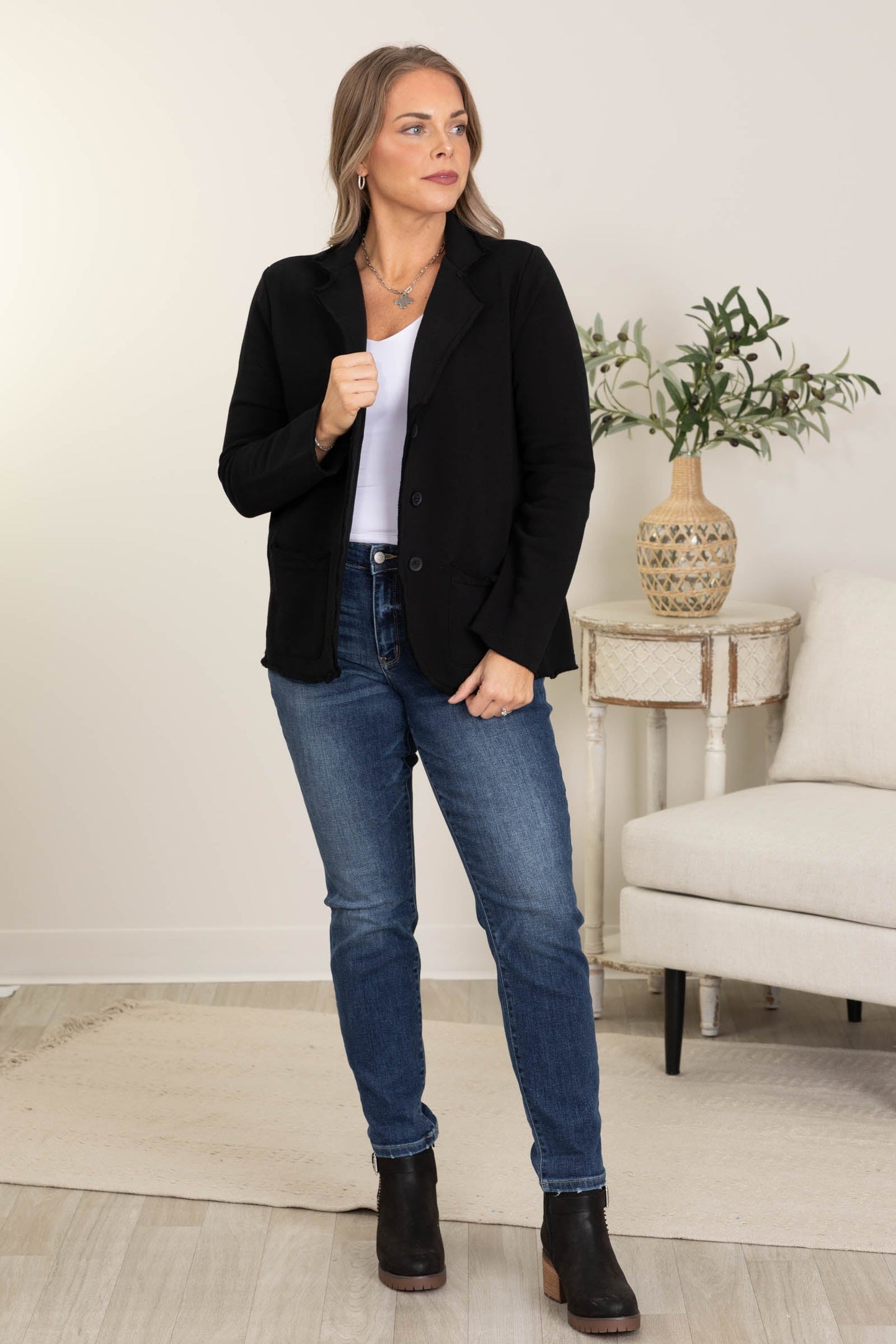 Black French Terry Boyfriend Fit Blazer