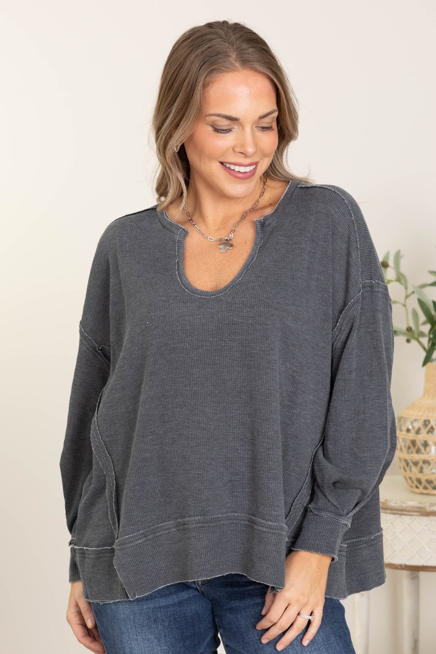 Waffle Relaxed Fit Top With Notch Neck