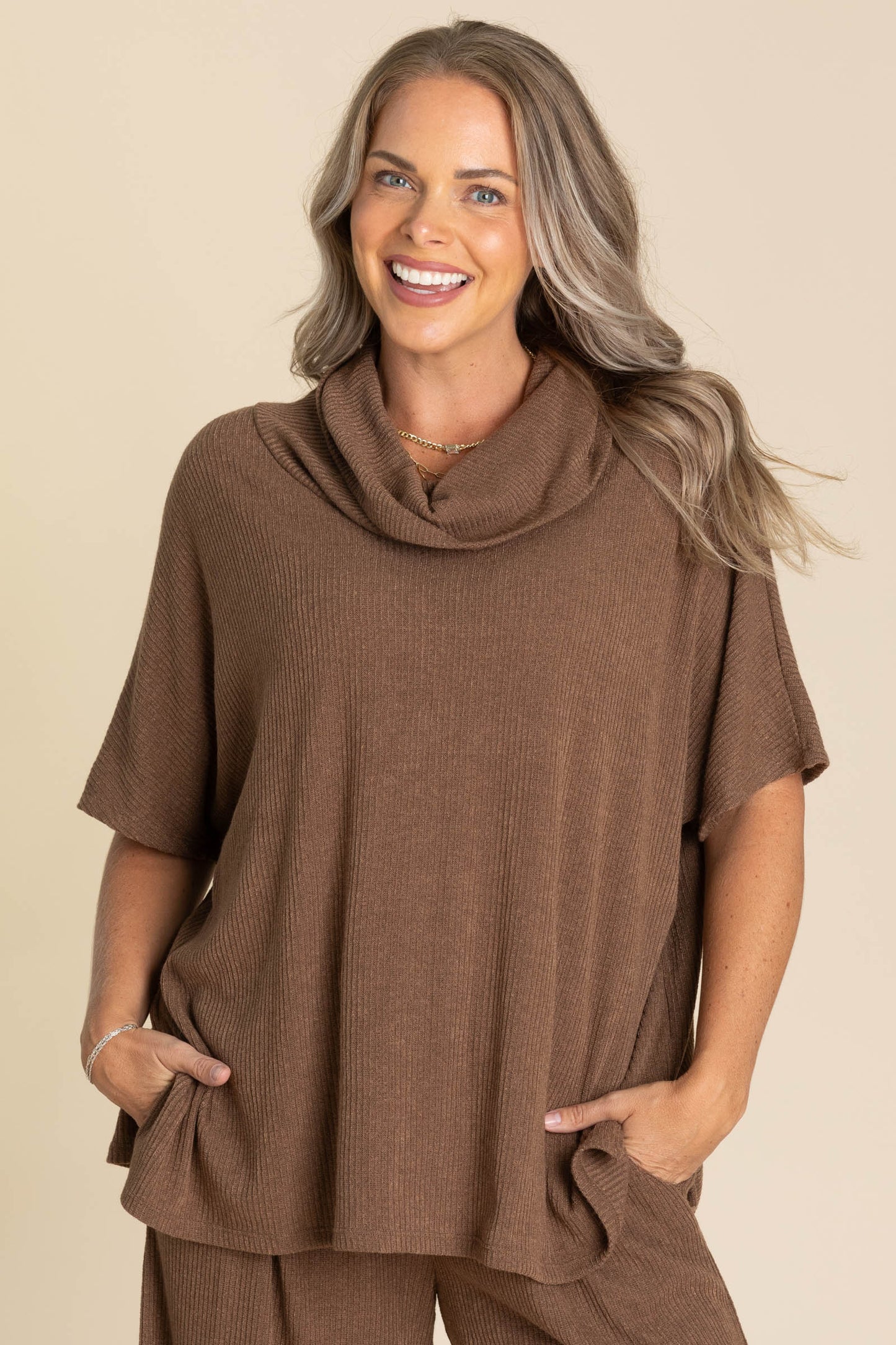 Oversized Short Sleeve Cowl Neck And Pant Sets