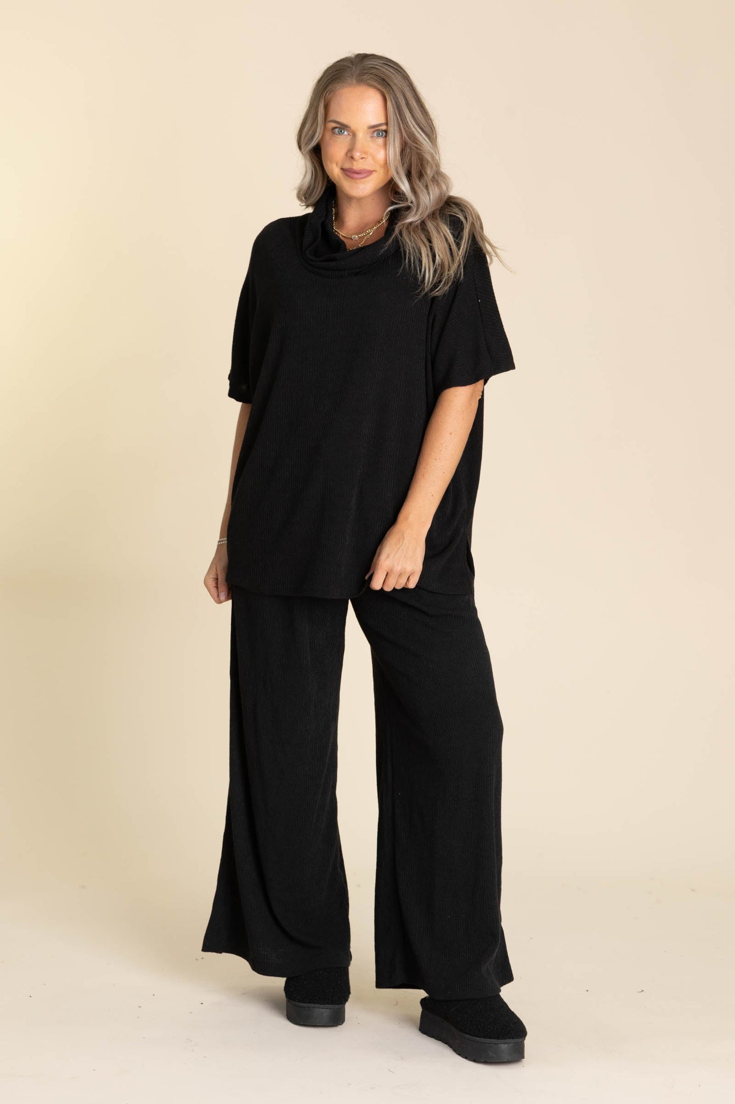 Oversized Short Sleeve Cowl Neck And Pant Sets