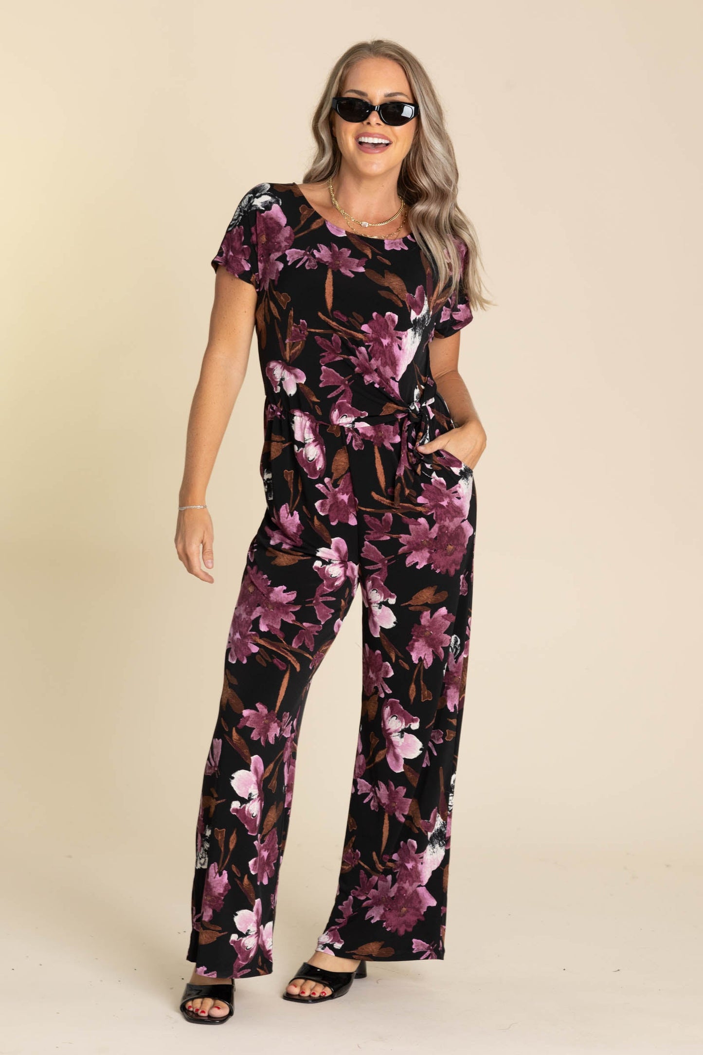 Black And Plum Floral Short Sleeve Jumpsuit