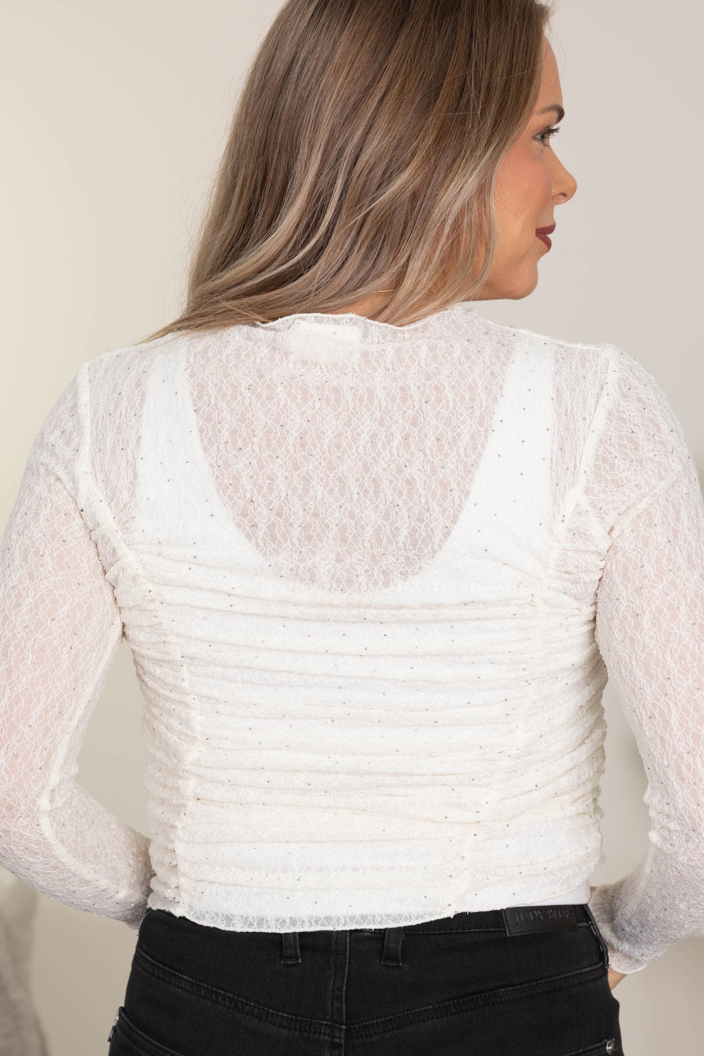 Cream Embellished Lace With Ruched Knit Top